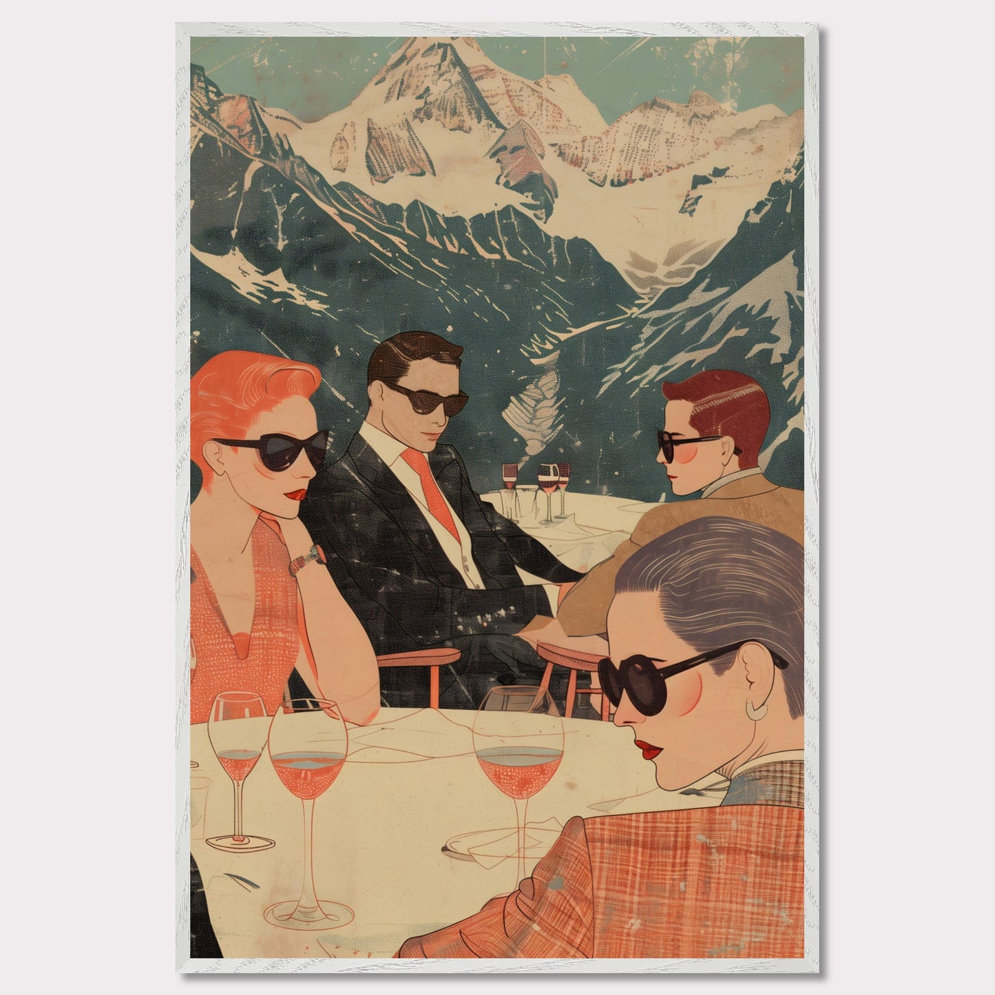 This captivating illustration depicts a stylish group of individuals enjoying a sophisticated gathering with a stunning mountain backdrop.