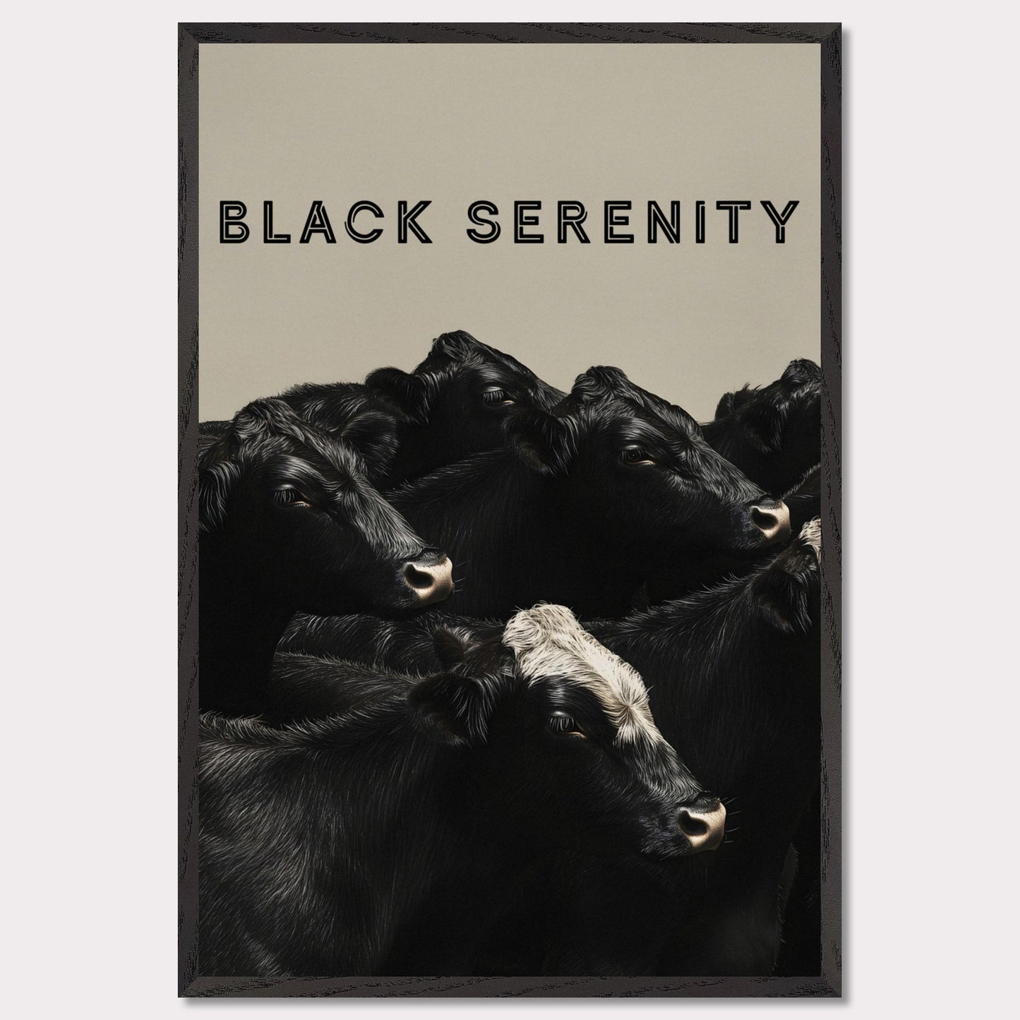 This image showcases a serene group of black cows, with one cow featuring a distinctive white marking on its head. The title "BLACK SERENITY" is prominently displayed at the top, emphasizing the calm and peaceful nature of the scene.