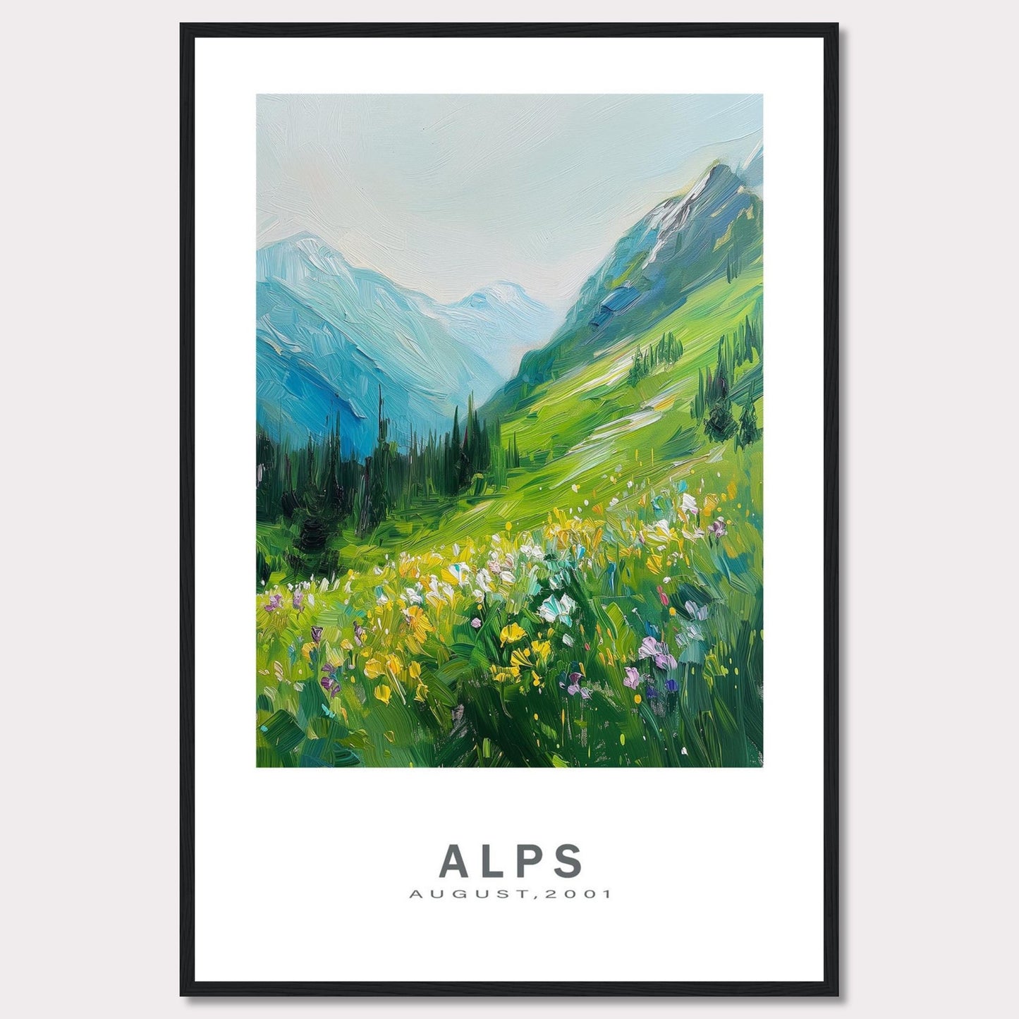 This beautiful framed artwork captures a vibrant and serene landscape of the Alps in August 2001. The painting showcases lush green mountains, colorful wildflowers, and a tranquil sky.