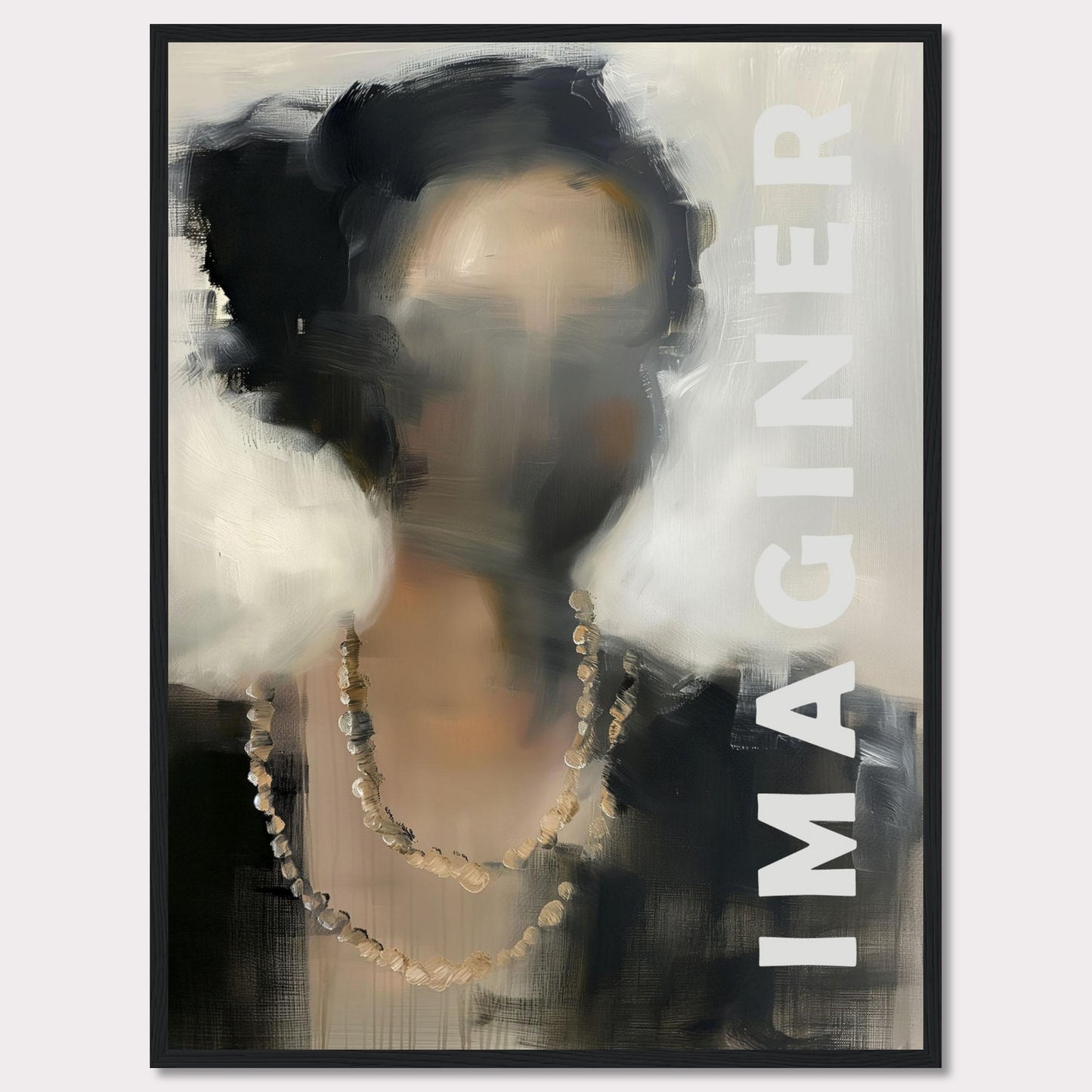 This captivating artwork features an abstract portrait of a person with blurred facial details, adorned with a beaded necklace. The word "IMAGINER" is prominently displayed along the right side, inviting viewers to envision their own interpretations.