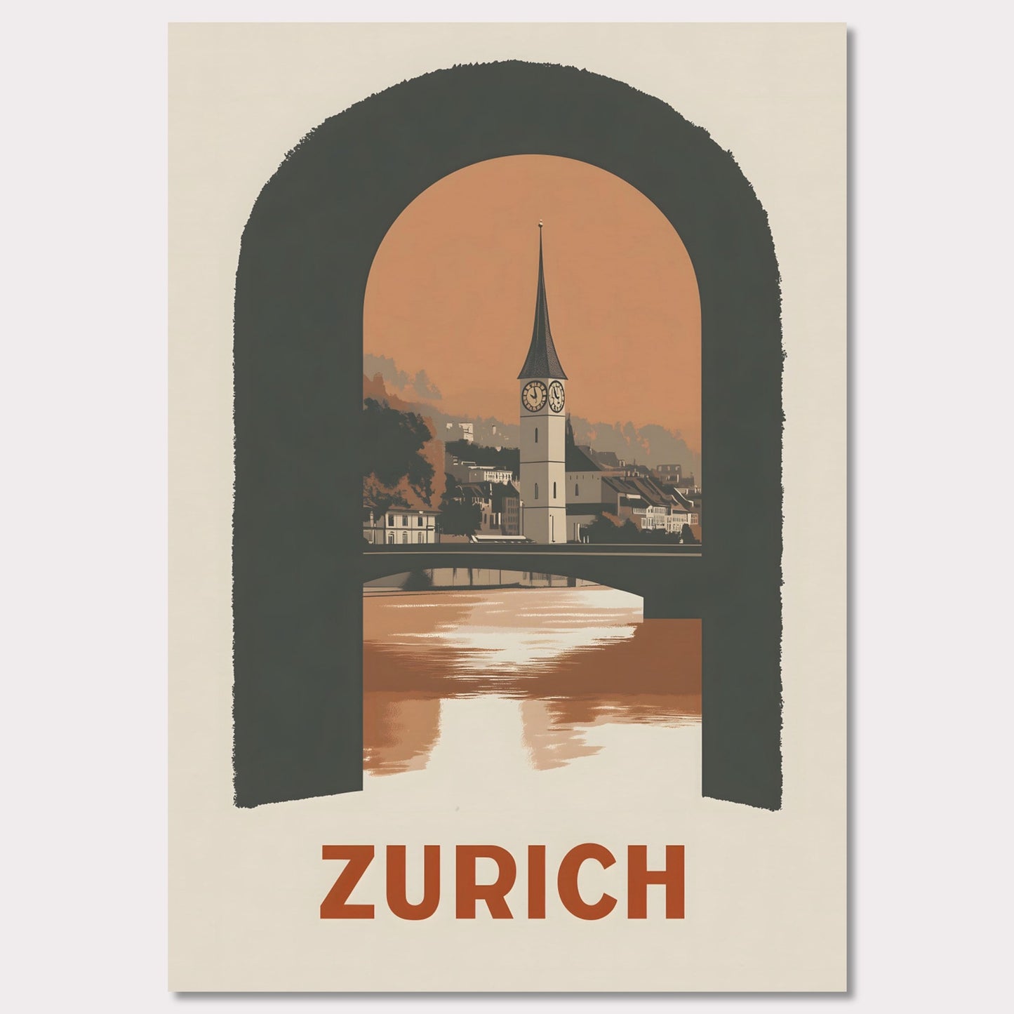 A sophisticated poster featuring Zurich’s historic clock tower, framed through an arched window. The blend of soft tones and bold composition creates a striking visual balance.