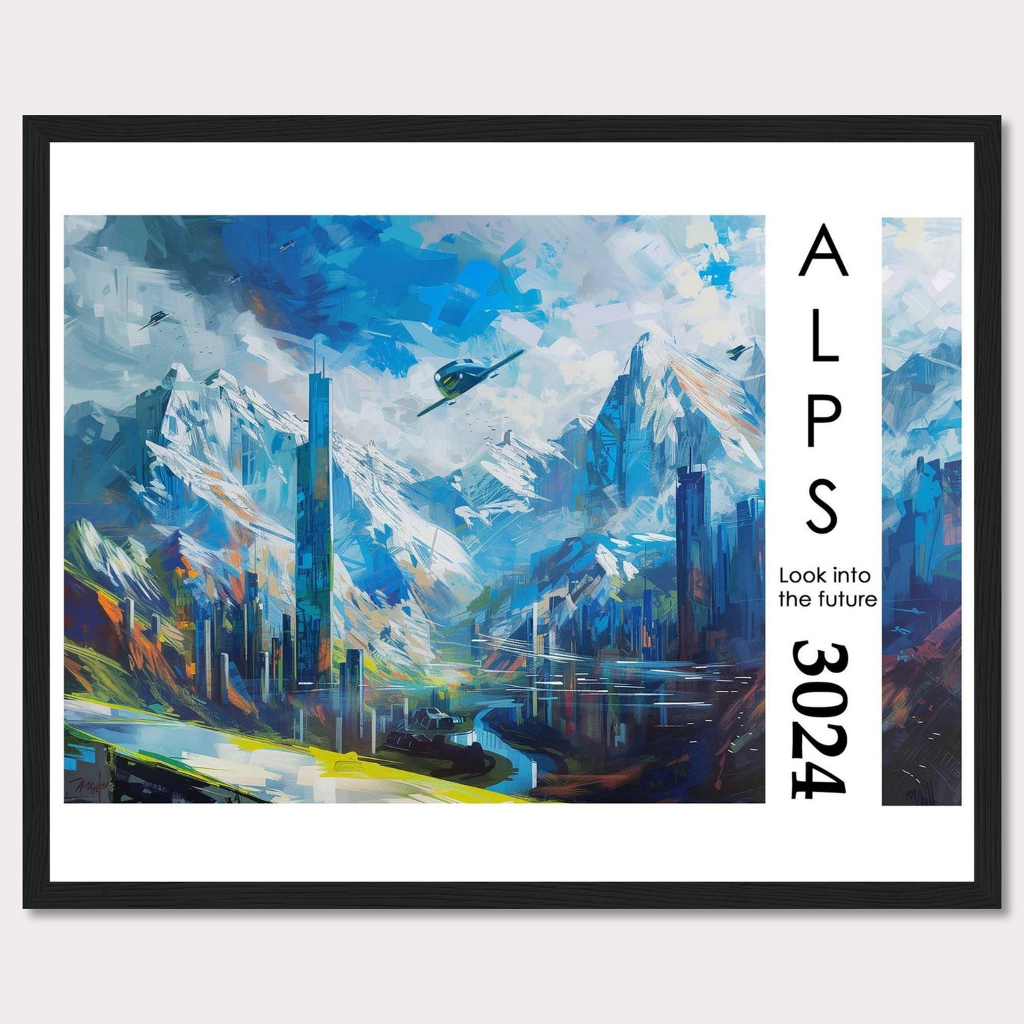 This artwork portrays a futuristic cityscape nestled within the majestic Alps, featuring towering skyscrapers, serene water bodies, and flying vehicles.