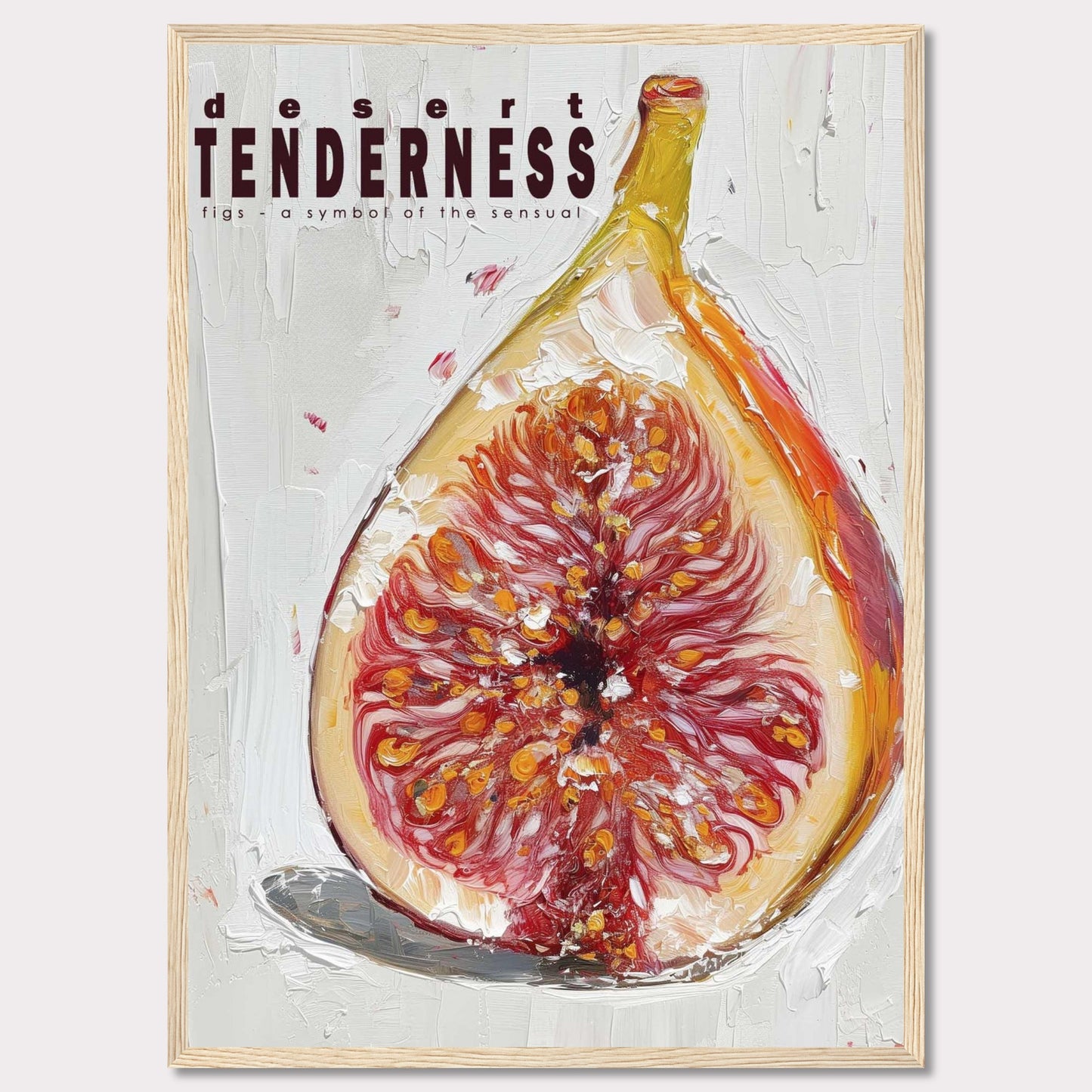 This image features an artistic representation of a fig, emphasizing its rich, sensual qualities. The painting uses bold brushstrokes and vibrant colors to highlight the intricate details of the fruit.