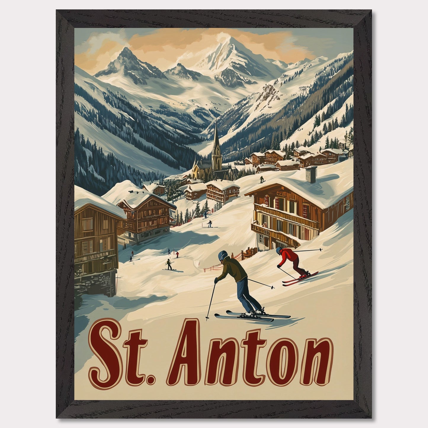 This captivating poster showcases the thrill of skiing in St. Anton, with a group of skiers carving through the fresh powder beneath the dramatic peaks of the Alps. The background features a picturesque village of wooden chalets nestled among the snow, while the rich retro colors and typography emphasize the adventurous spirit of St. Anton as a premier ski destination. The poster evokes both the excitement of the slopes and the warmth of alpine hospitality.