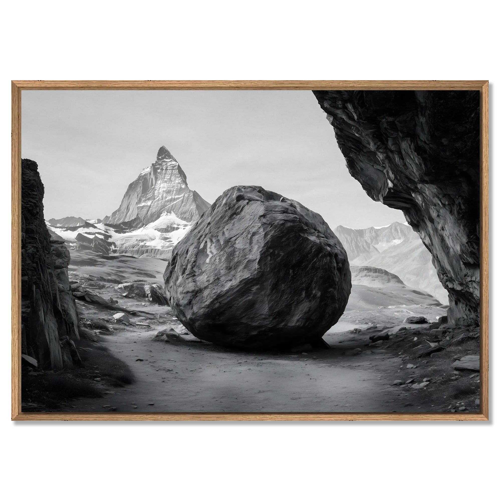 Balance of Stone – Alu-Dibond wall art featuring a massive rock with Matterhorn in the background.
