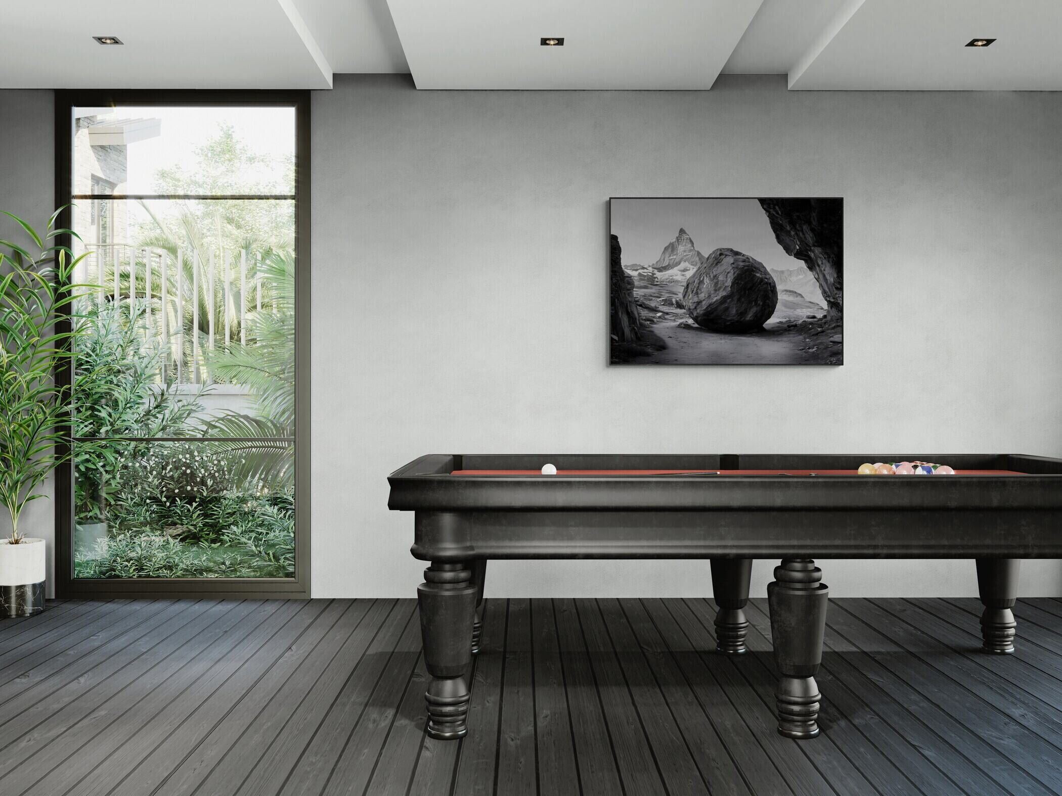 Balance of Stone – Alu-Dibond wall art displayed over a pool table in a modern interior setting.