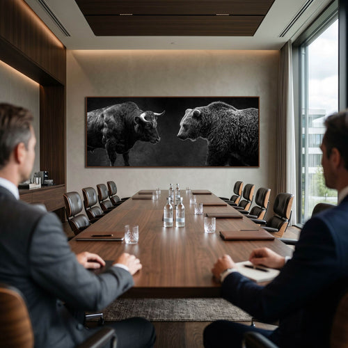 Balance of Power large alpine wall art XXL featuring a bull and bear facing each other in a modern boardroom.
