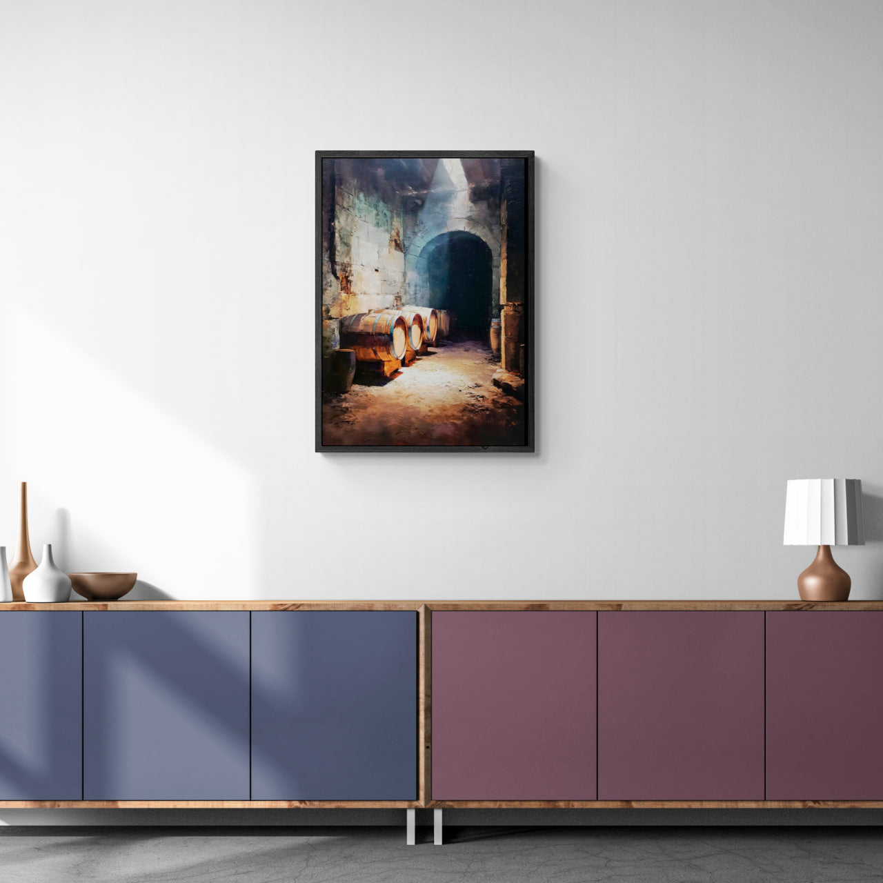 Barrels Below, Alpine Cellar - Poster displayed in a modern interior, featuring a rustic stone cellar with wooden barrels.