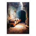 Barrels Below, Alpine Cellar - Poster featuring wooden barrels in a rustic stone cellar illuminated by warm light.
