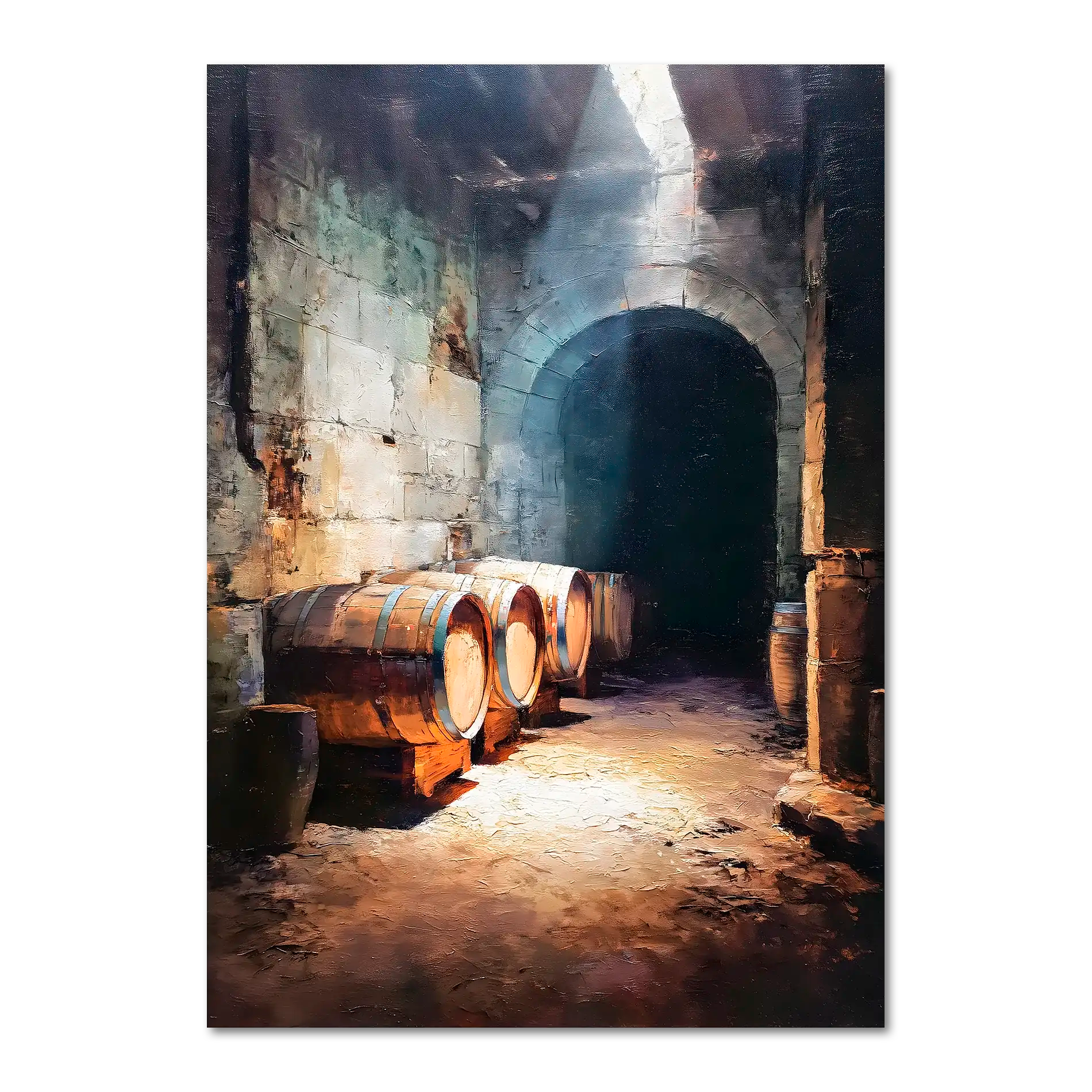 Barrels Below, Alpine Cellar - Poster featuring wooden barrels in a rustic stone cellar illuminated by warm light.