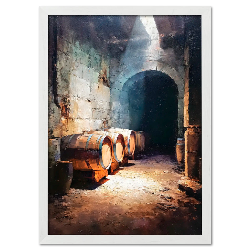 Barrels Below, Alpine Cellar - Poster featuring wooden barrels in a rustic stone cellar with warm lighting.