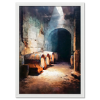 Barrels Below, Alpine Cellar - Poster featuring wooden barrels in a rustic stone cellar with warm lighting.