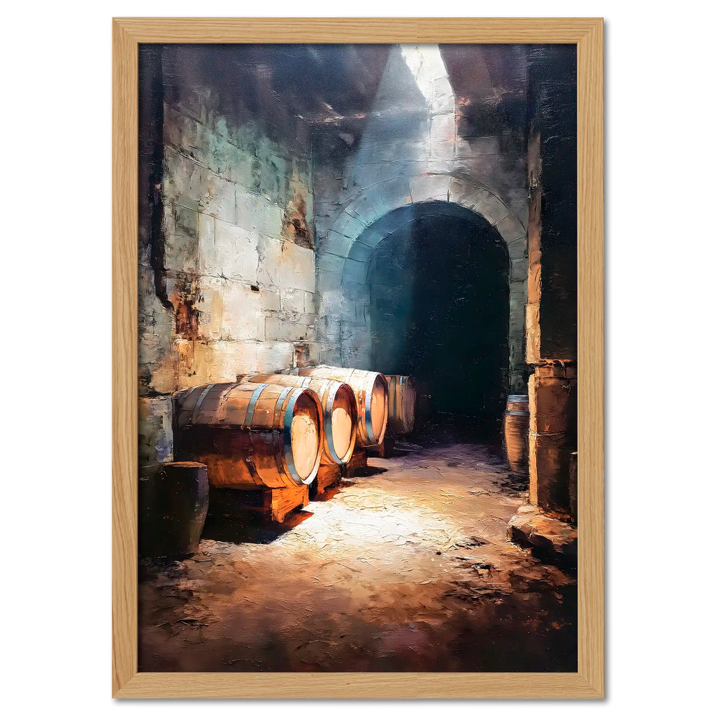 Barrels Below, Alpine Cellar - Poster featuring wooden barrels in a rustic stone cellar illuminated by warm light.