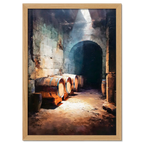 Barrels Below, Alpine Cellar - Poster featuring wooden barrels in a rustic stone cellar illuminated by warm light.