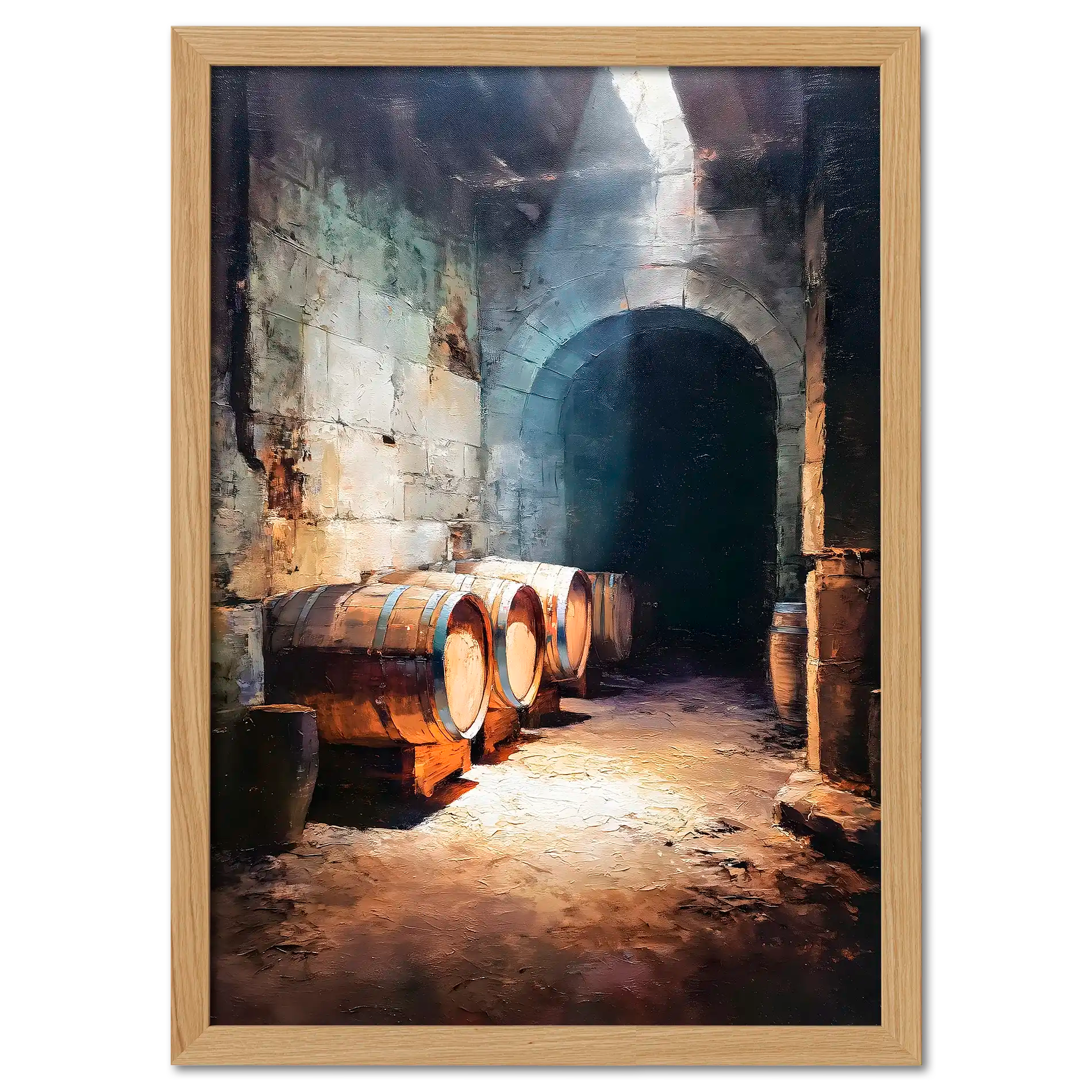 Barrels Below, Alpine Cellar - Poster featuring wooden barrels in a rustic stone cellar illuminated by warm light.