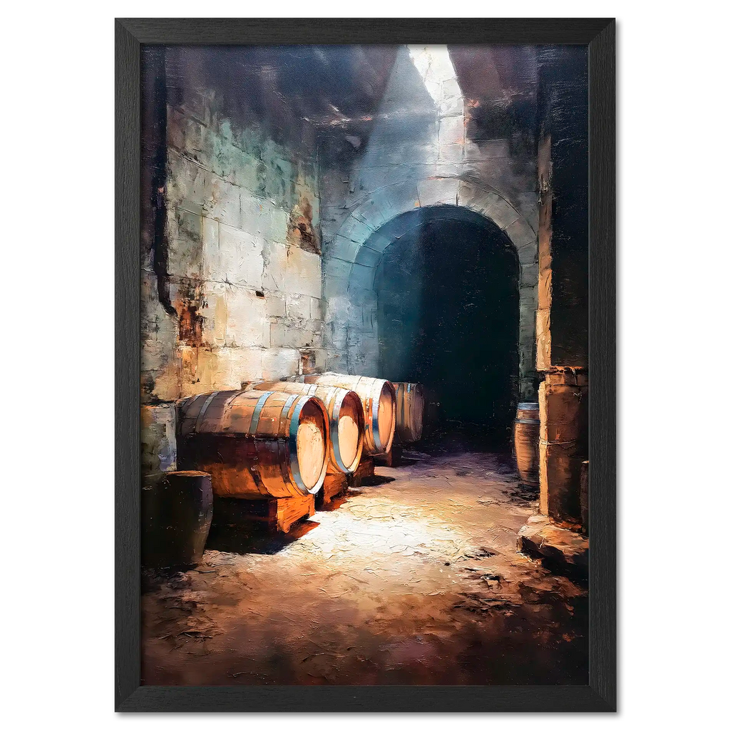 Barrels Below, Alpine Cellar - Poster featuring wooden barrels in a rustic stone cellar.