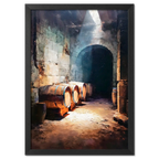 Barrels Below, Alpine Cellar - Poster featuring wooden barrels in a rustic stone cellar.