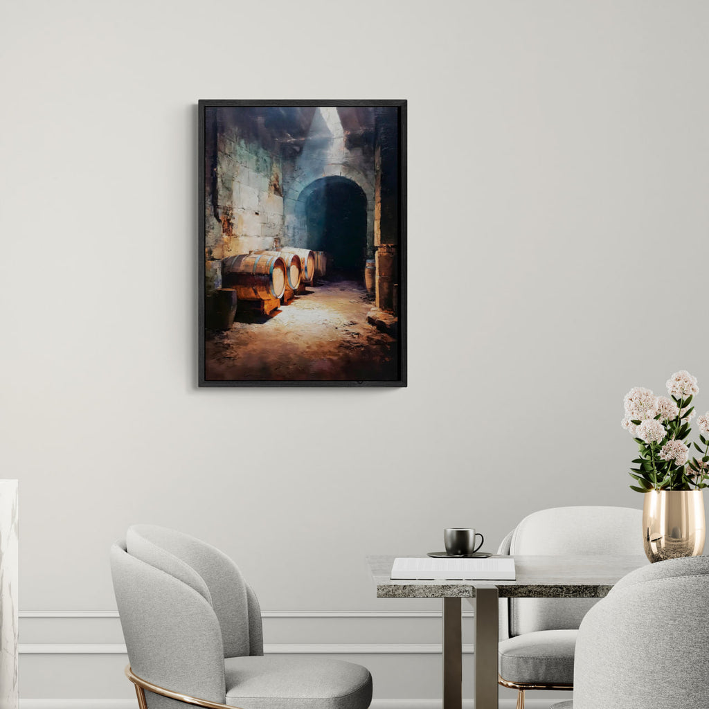 Barrels Below, Alpine Cellar - Poster featuring wooden barrels in a rustic stone cellar illuminated by warm light.