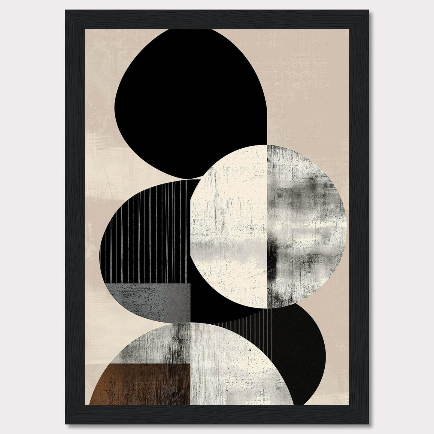 This image showcases a modern abstract art piece featuring geometric shapes in monochrome and neutral tones. The design includes overlapping circles and ovals with textured patterns.