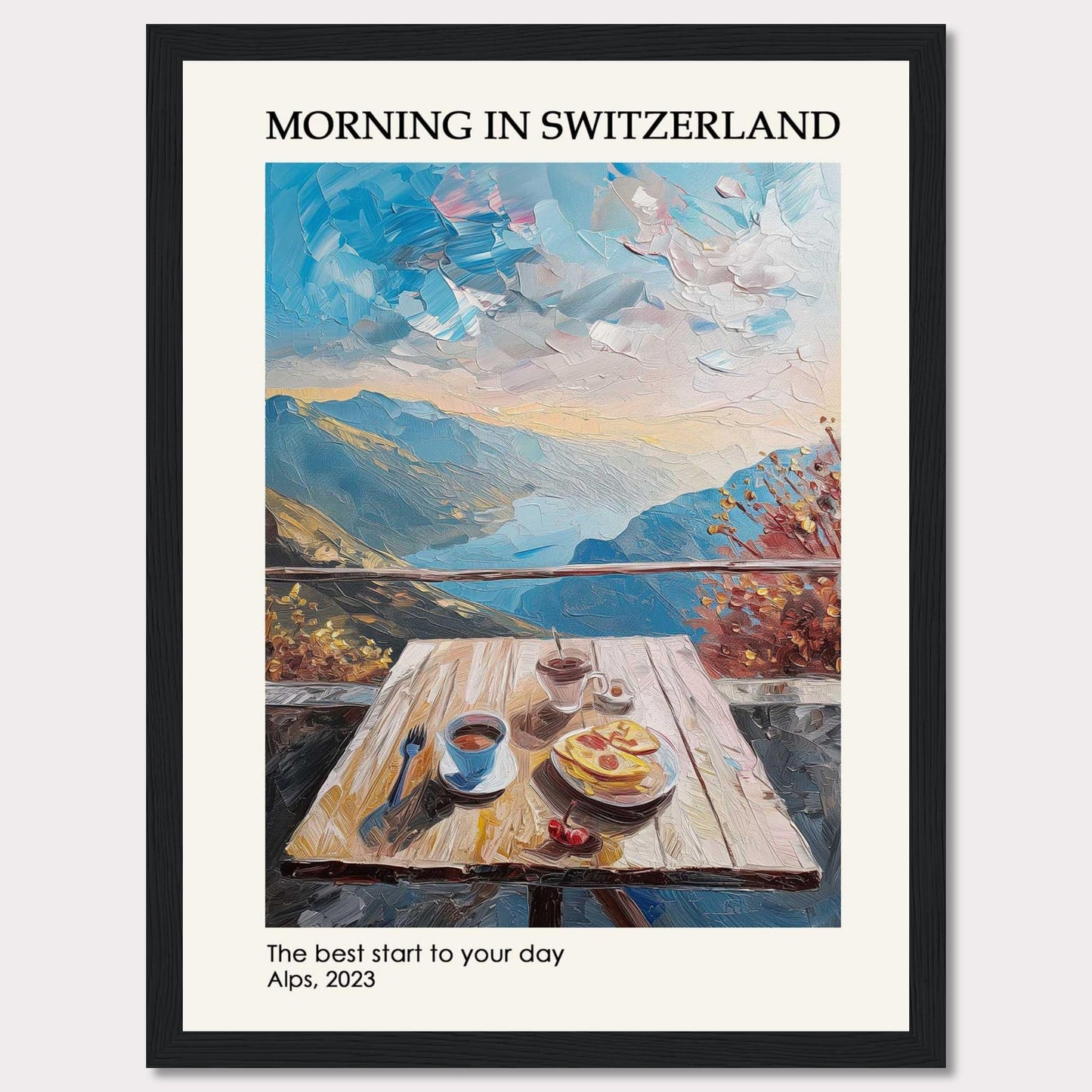 A serene morning in the Swiss Alps is depicted in this beautiful painting. The image showcases a wooden table set with a delightful breakfast, including coffee and pastries, against the backdrop of majestic mountains and a vibrant sky.