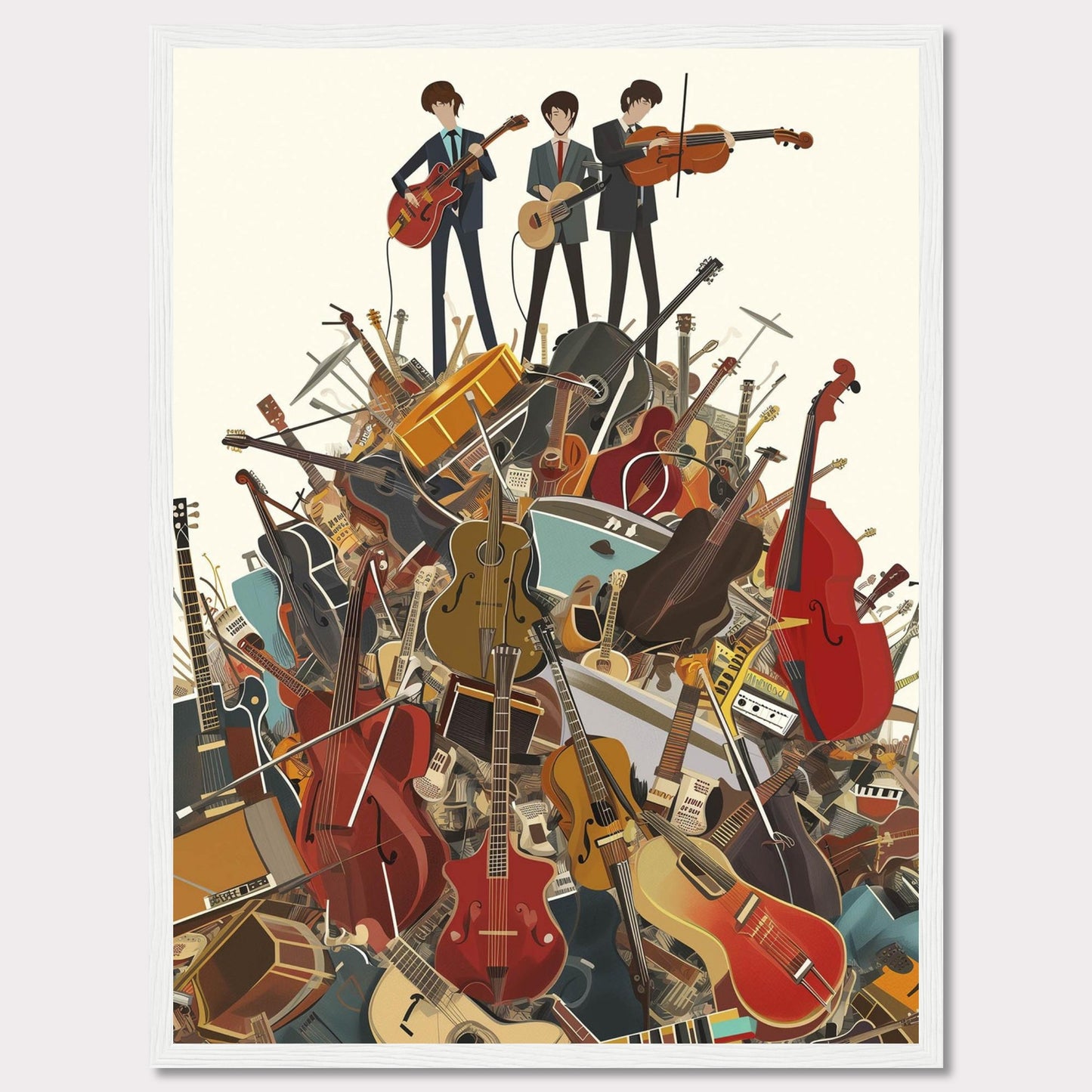 This vibrant illustration captures three musicians standing atop a towering pile of various musical instruments. The scene is filled with guitars, violins, cellos, drums, and more, creating a lively and energetic atmosphere.