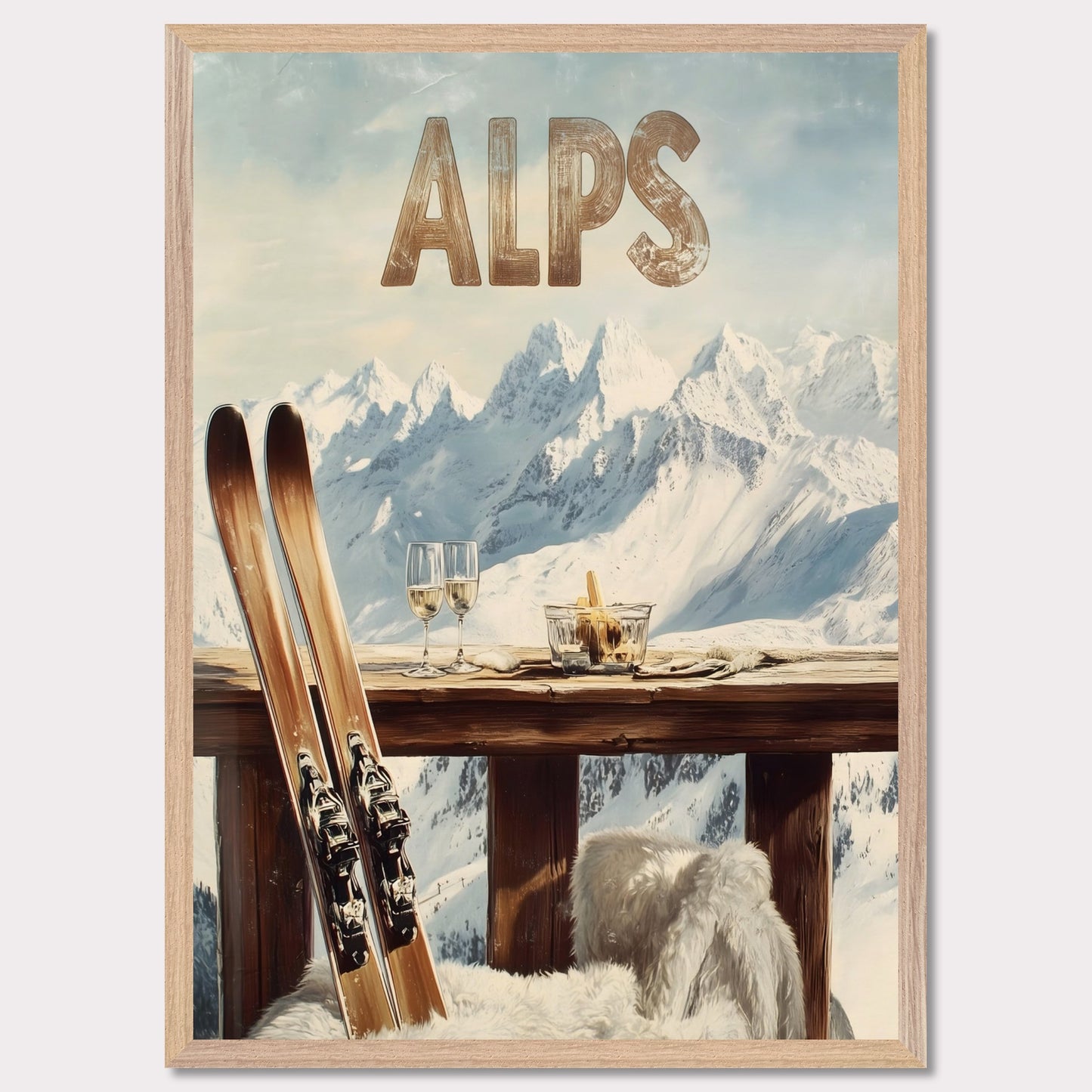 This vibrant poster captures the charm of après-ski culture with a rustic wooden terrace overlooking snow-covered mountains. The warm textures of fur throws and the elegant wine glasses create an inviting post-ski ambiance.