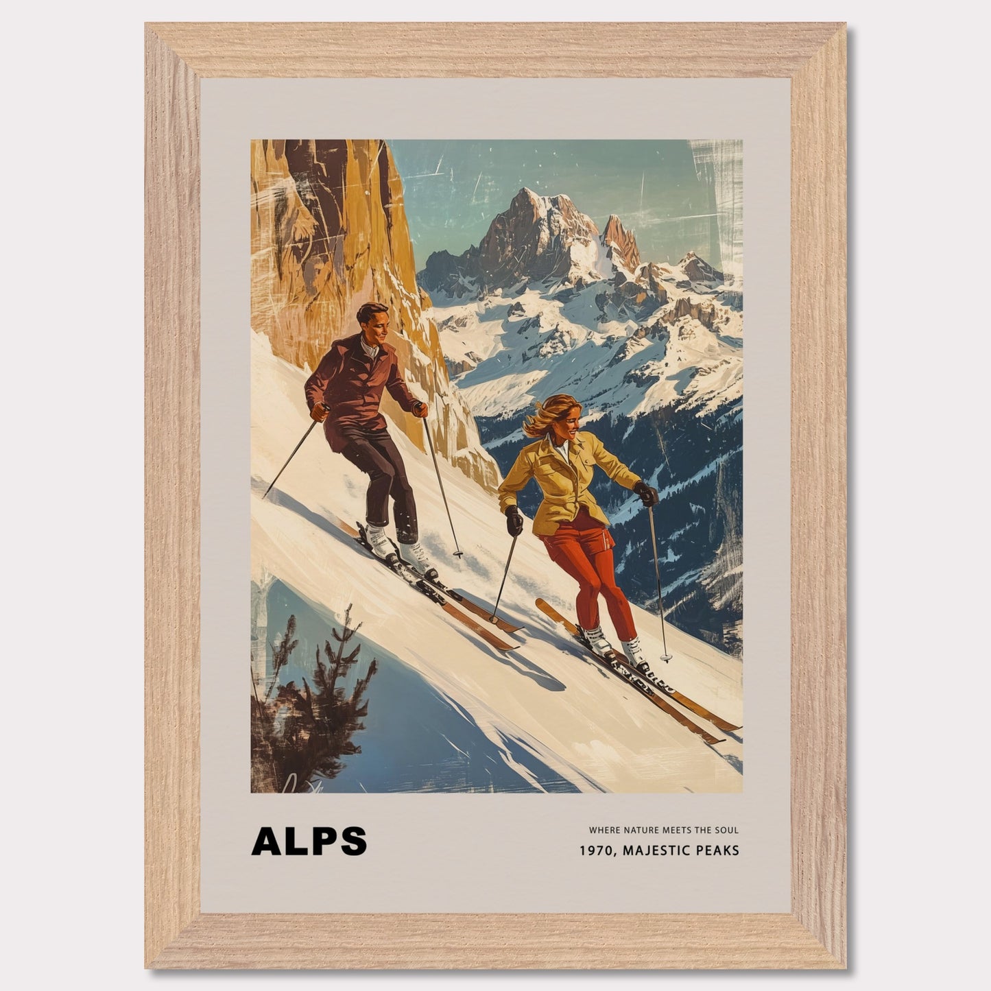 This striking vintage poster celebrates the grandeur of the Alps, depicting a dynamic pair of skiers descending snowy slopes with towering peaks in the background. Their confident movements against the crisp, majestic scenery capture the essence of alpine adventure. The warm, retro tones paired with the timeless typography evoke a sense of nostalgia and the spirit of mountain exploration.