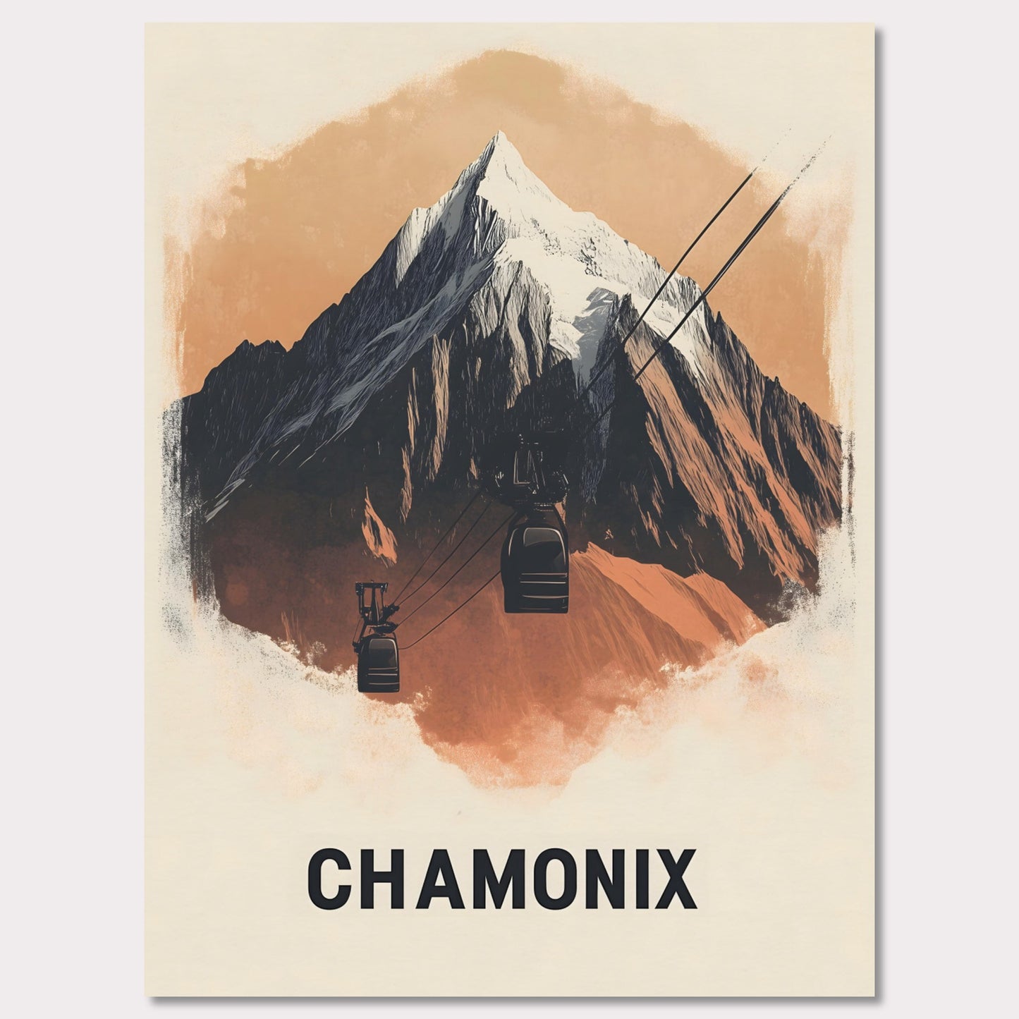 This minimalist poster artfully presents Chamonix, France, a legendary alpine destination known for its dramatic peaks and thrilling ski slopes. The sharp, stylized mountain silhouette contrasts beautifully with the soft sky, creating a bold yet harmonious composition. The subtle shading adds depth, bringing the grandeur of Mont Blanc to life.