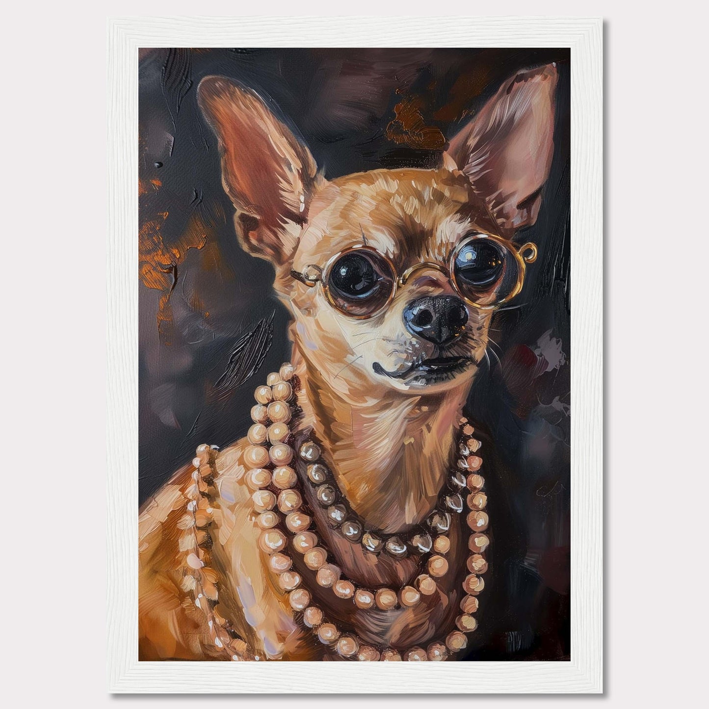 This captivating artwork features a stylish Chihuahua wearing round glasses and multiple strands of pearls. The painting exudes elegance and charm, making it a perfect statement piece for any room.