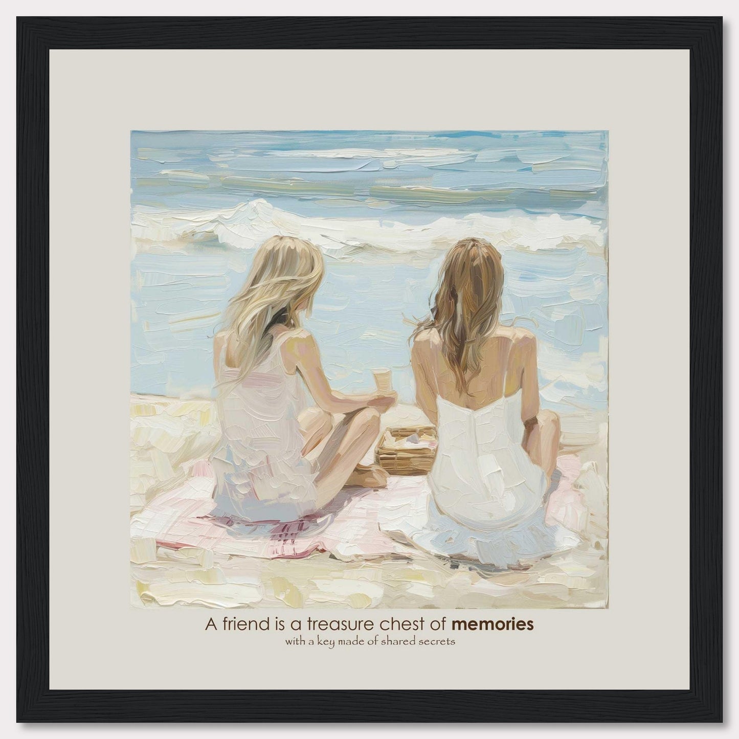 A beautiful painting depicts two women sitting on a beach, facing the ocean. They are engaged in a serene moment, perhaps sharing a conversation or simply enjoying the view. The scene evokes a sense of tranquility and deep friendship. The quote below the image reads, "A friend is a treasure chest of memories with a key made of shared secrets," highlighting the value of close companionship.