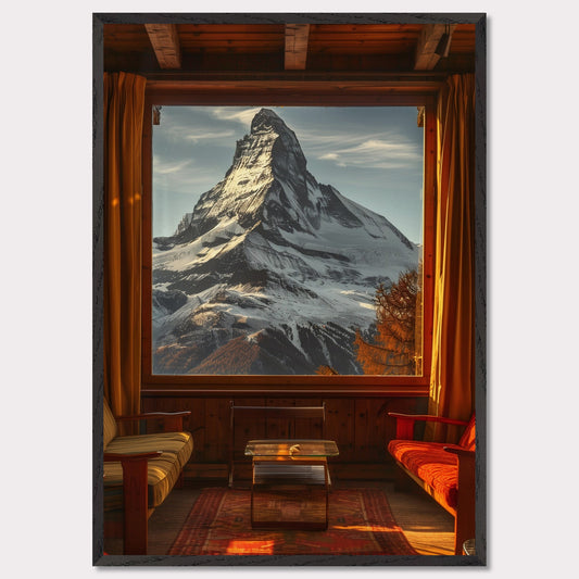 This stunning image captures a breathtaking view of a snow-capped mountain through a large window from a cozy wooden cabin. The warm interior contrasts beautifully with the majestic, cold mountain outside.