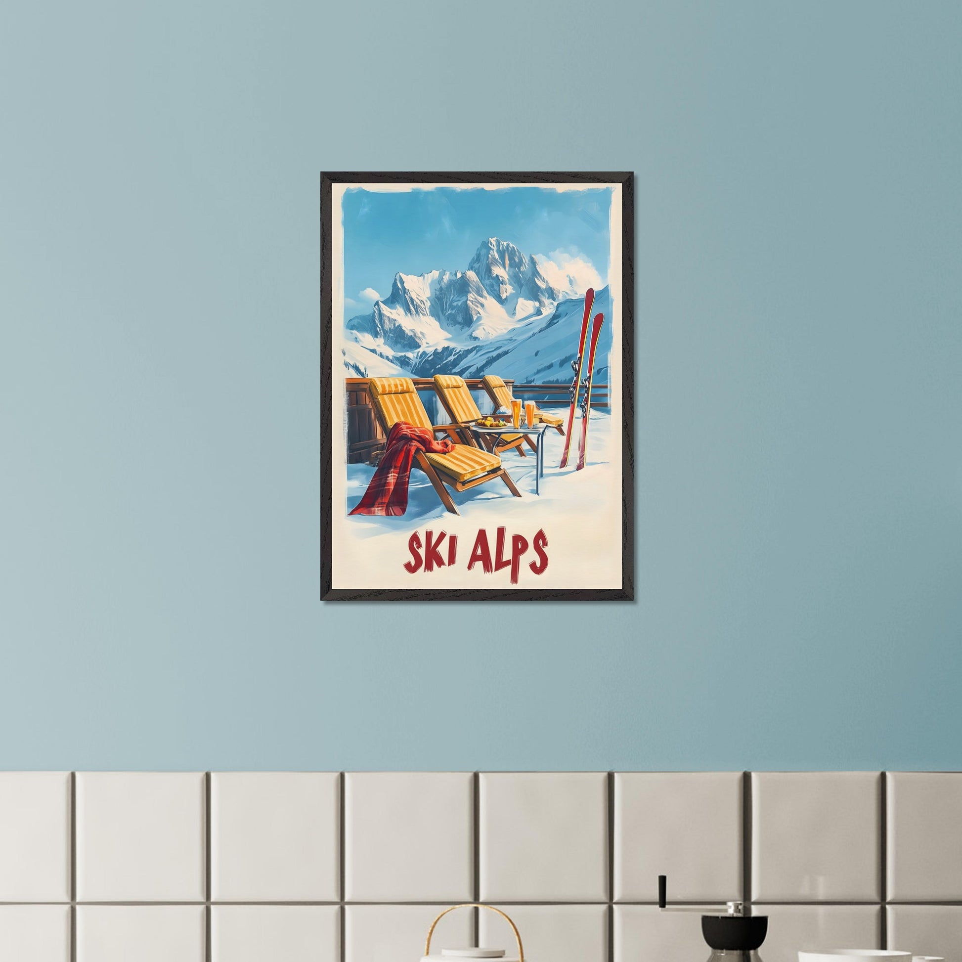 This vibrant poster captures the joy of a sunlit winter day in the Alps. Relaxation takes center stage with inviting lounge chairs draped in cozy blankets, complemented by refreshing beverages and a mountain backdrop that stretches into the clear blue sky.