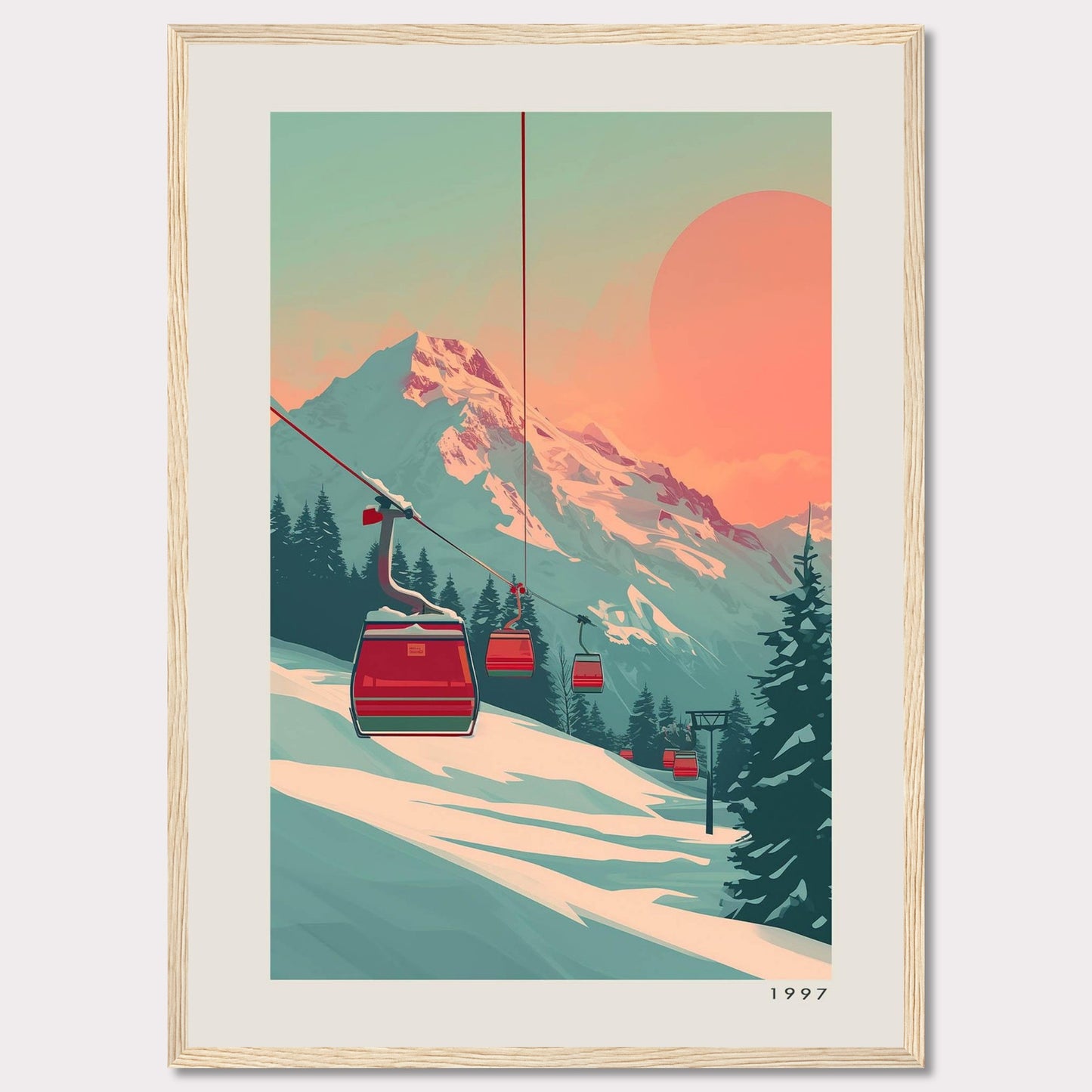 This captivating artwork depicts a serene mountain landscape with ski lifts ascending towards a majestic snow-capped peak under a warm, pastel-colored sky. The scene is framed by evergreen trees, creating a tranquil and inviting atmosphere.