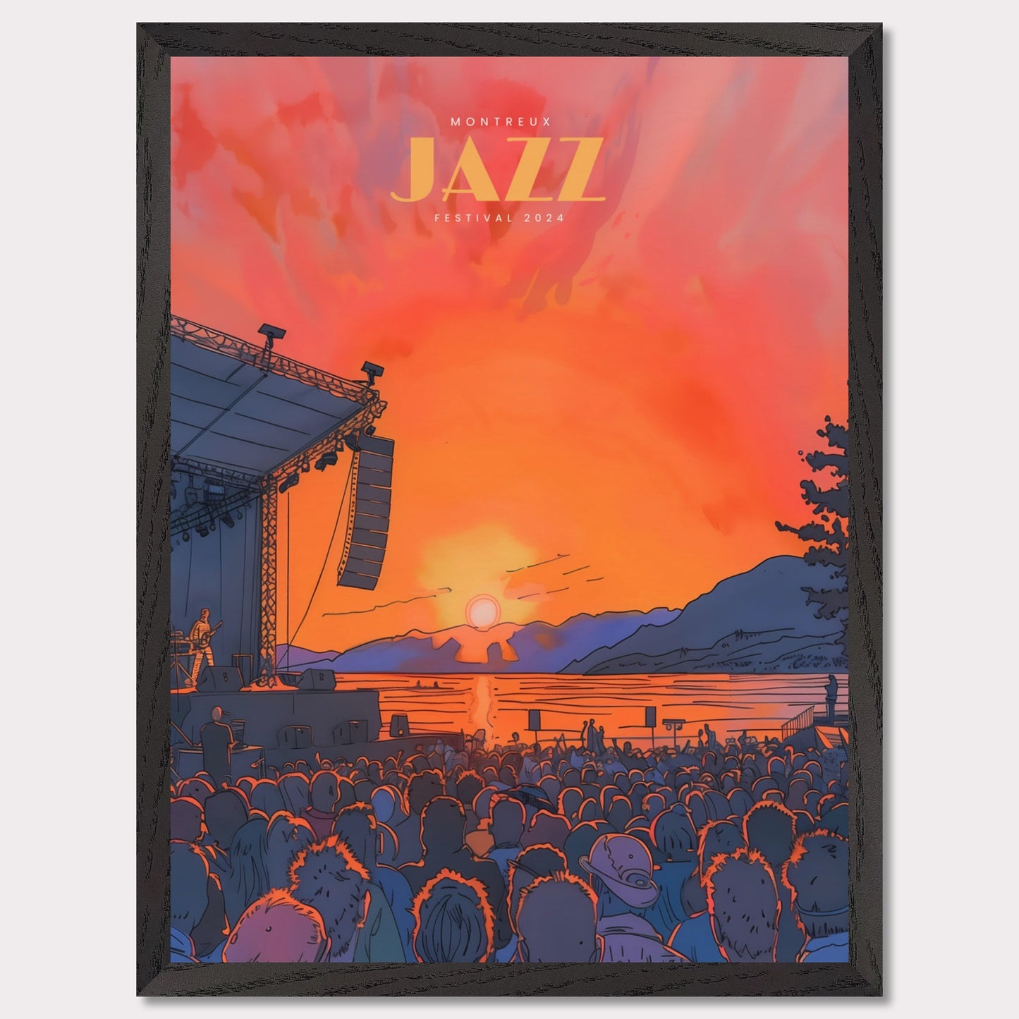 This vibrant poster showcases the Montreux Jazz Festival 2024, capturing the essence of a live outdoor concert at sunset. The scene is set with a large crowd facing a stage where a musician performs against a backdrop of a stunning sunset over a lake and mountains.