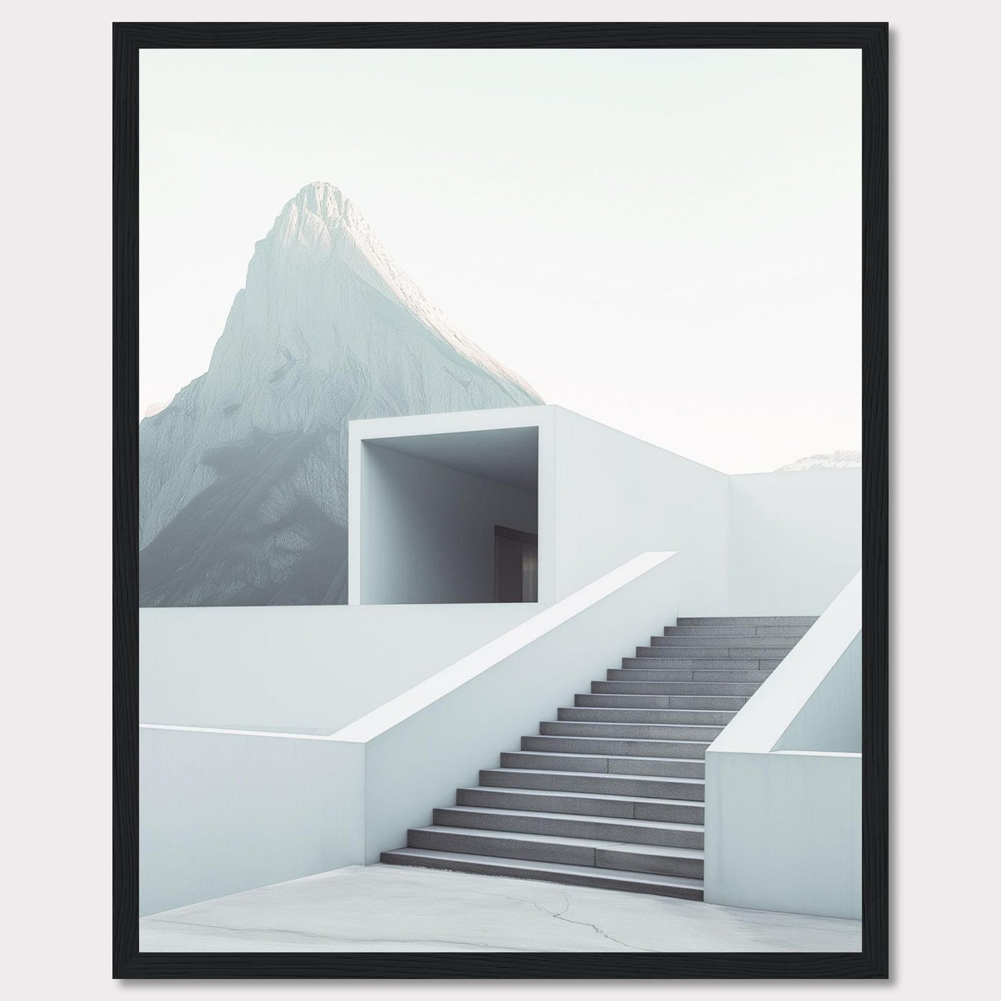 This minimalist artwork features a serene mountain backdrop with a modern architectural staircase leading to a simple, open structure. The clean lines and soft color palette evoke a sense of tranquility and sophistication.