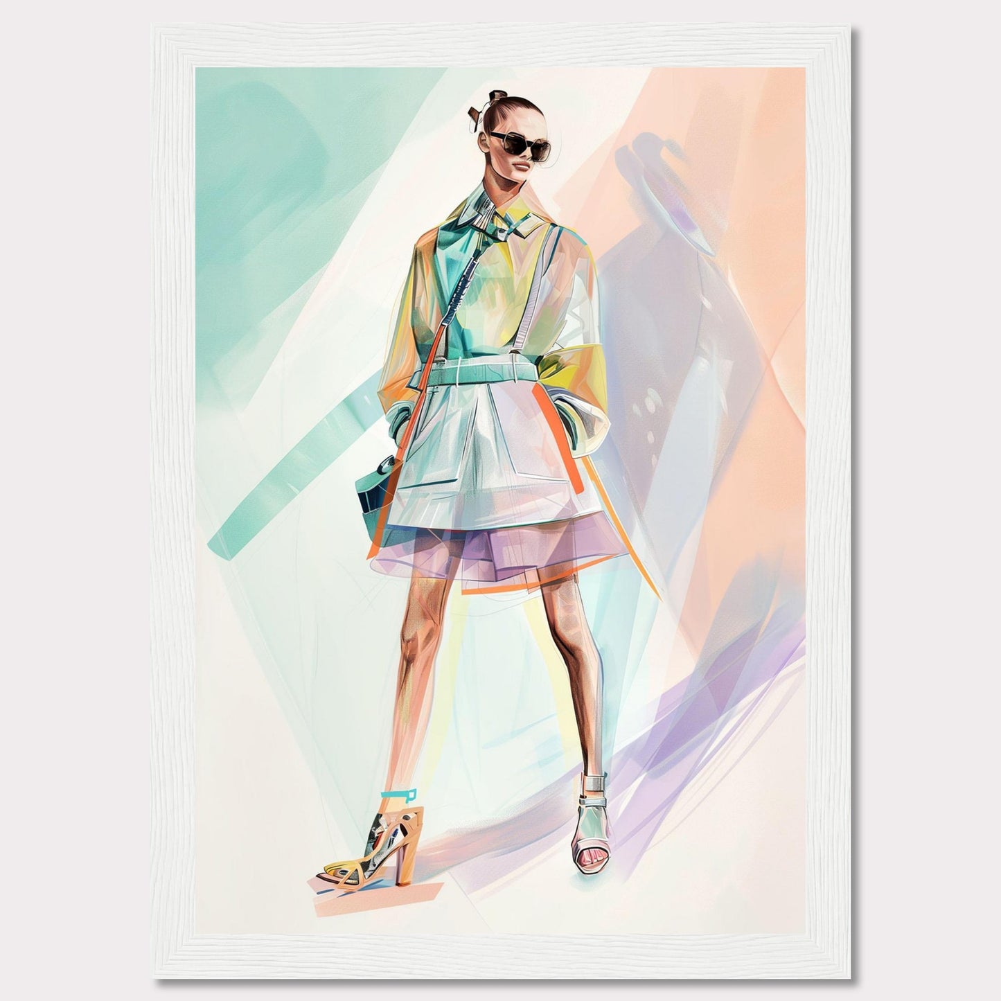 This stunning artwork features a stylish figure in a vibrant, modern outfit. The person is wearing a colorful, translucent coat over a layered skirt, with high-fashion heels and chic sunglasses. The background is an abstract blend of pastel colors, enhancing the fashionable vibe.