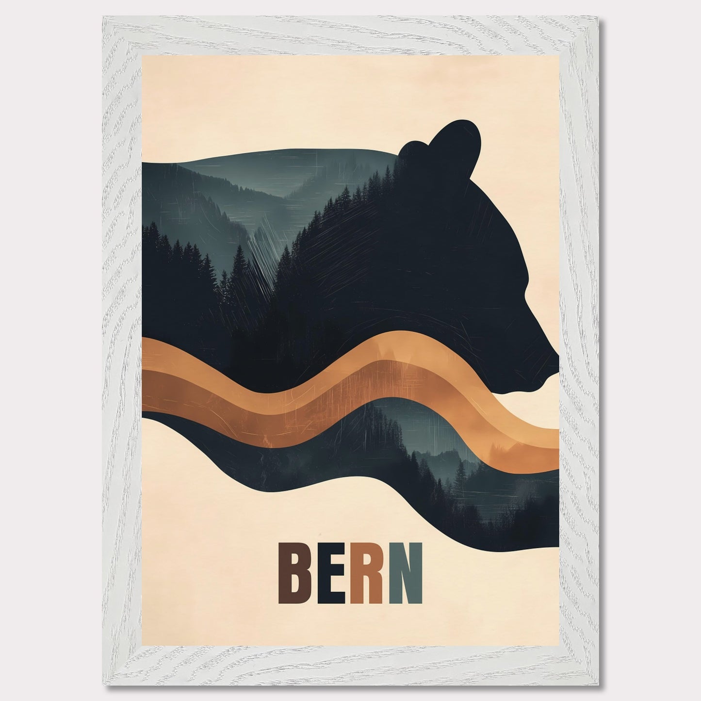 This elegant poster captures the harmony between nature and Bern’s cultural heritage. The silhouette of a bear, the city’s symbol, seamlessly blends with dense forests and flowing lines, creating a sense of tranquility and connection with the surroundings. The minimalist style and warm color palette give the artwork a modern aesthetic.