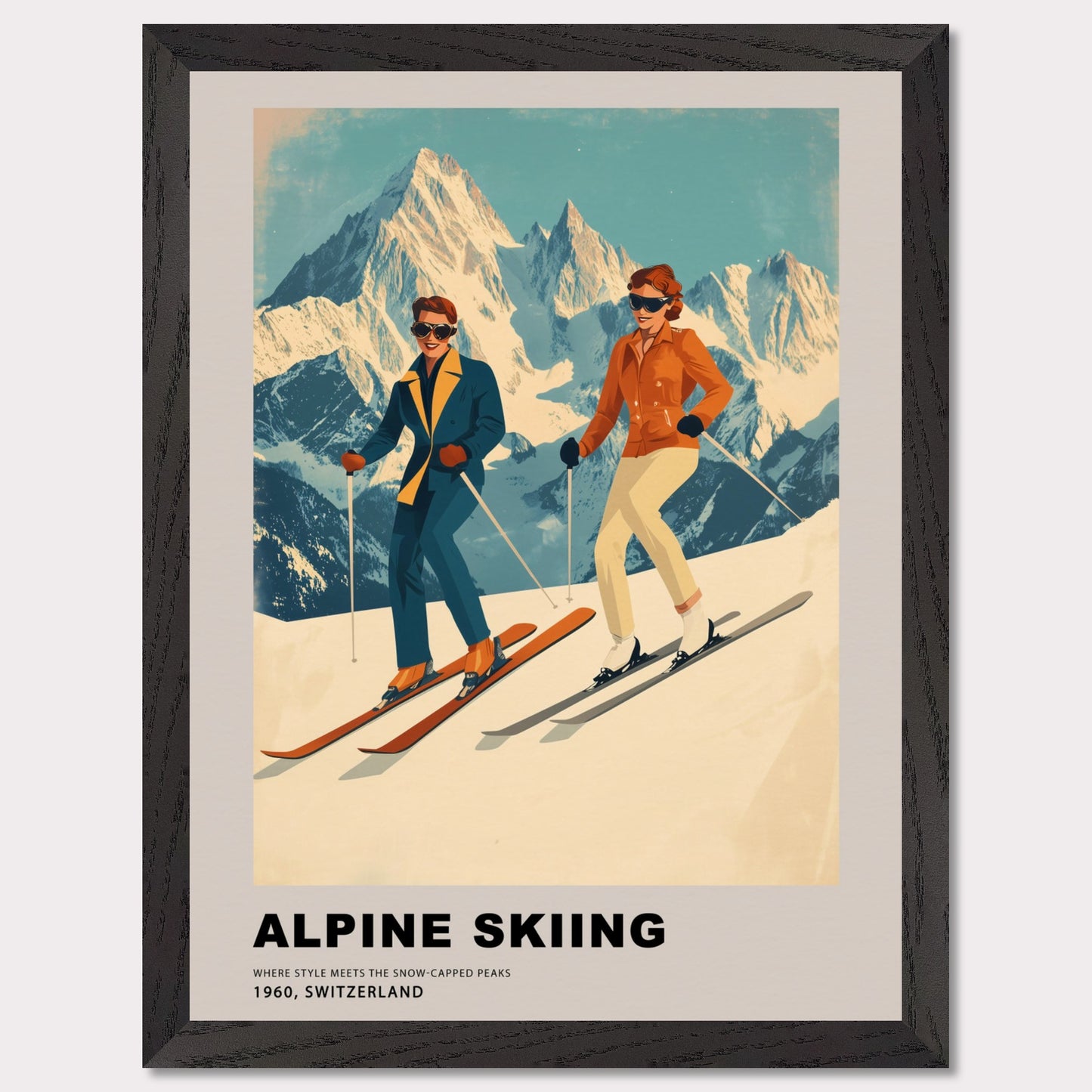 This stunning retro-style poster celebrates the elegance of alpine skiing in Switzerland. Two stylish skiers gracefully glide down the snowy slopes, set against the backdrop of majestic, sunlit peaks. The vintage color palette and mid-century design highlight the timeless charm and sophistication of the alpine experience, making it a celebration of both sport and scenery.