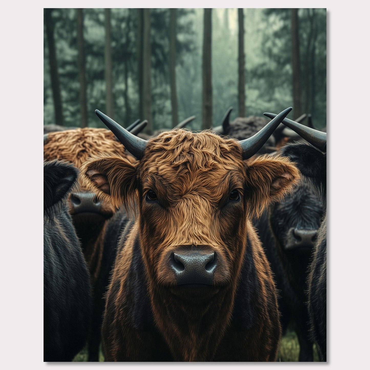 This captivating image features a herd of Highland cattle standing in a misty forest. The central focus is on a brown Highland cow, with its distinctive long horns and shaggy coat, staring directly at the viewer. The background showcases tall trees enveloped in fog, adding a mystical ambiance to the scene.