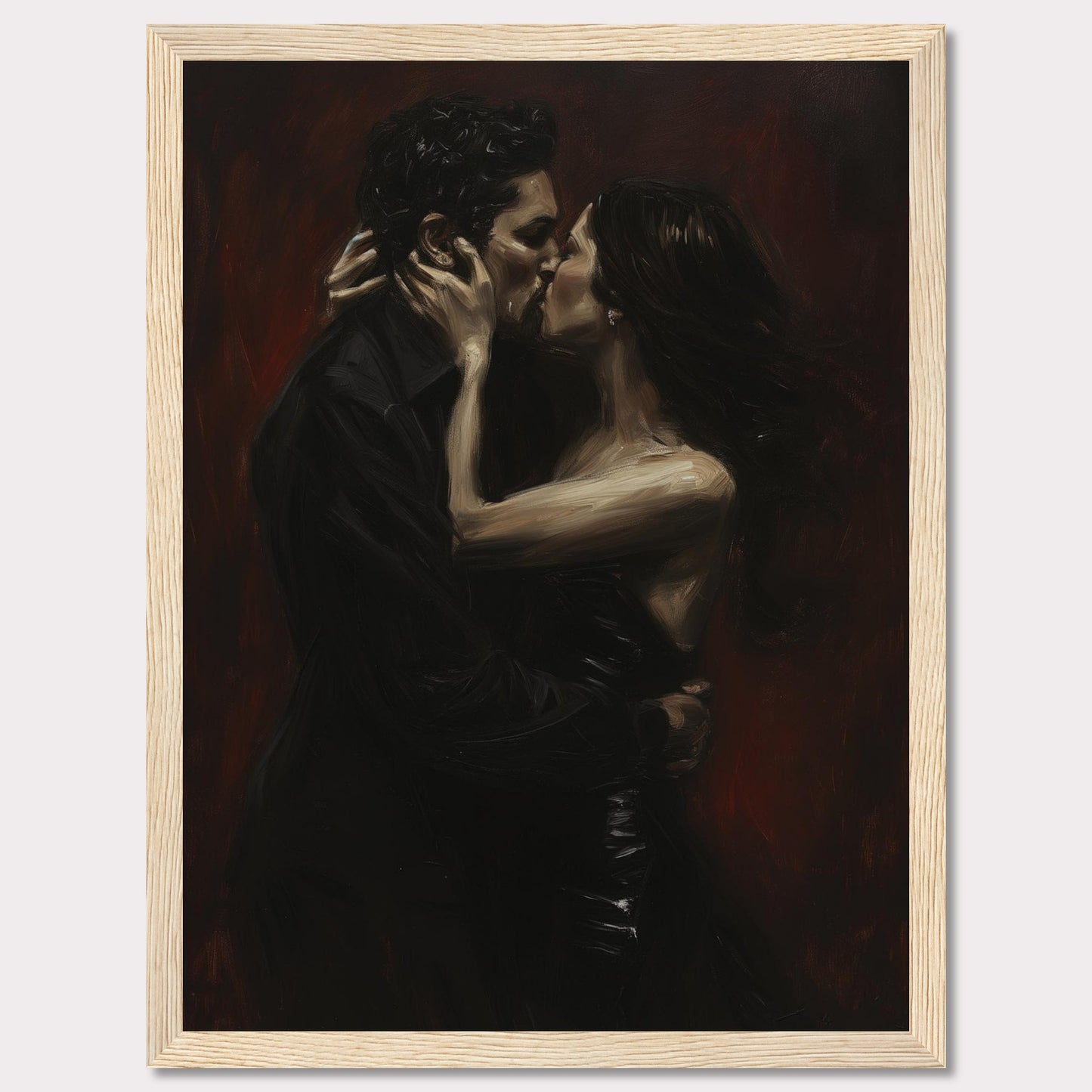 This evocative painting captures an intimate moment of a passionate kiss between two lovers. The dark, rich tones create a dramatic and romantic atmosphere.