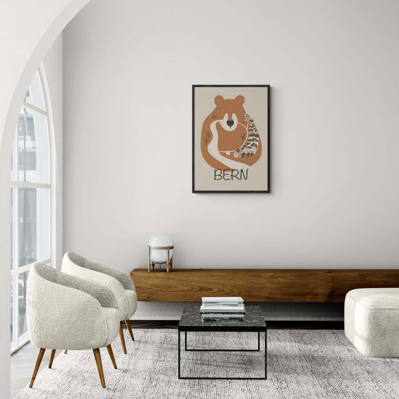 The Bear’s Embrace - Poster displayed in a cozy modern living room with stylish furniture.