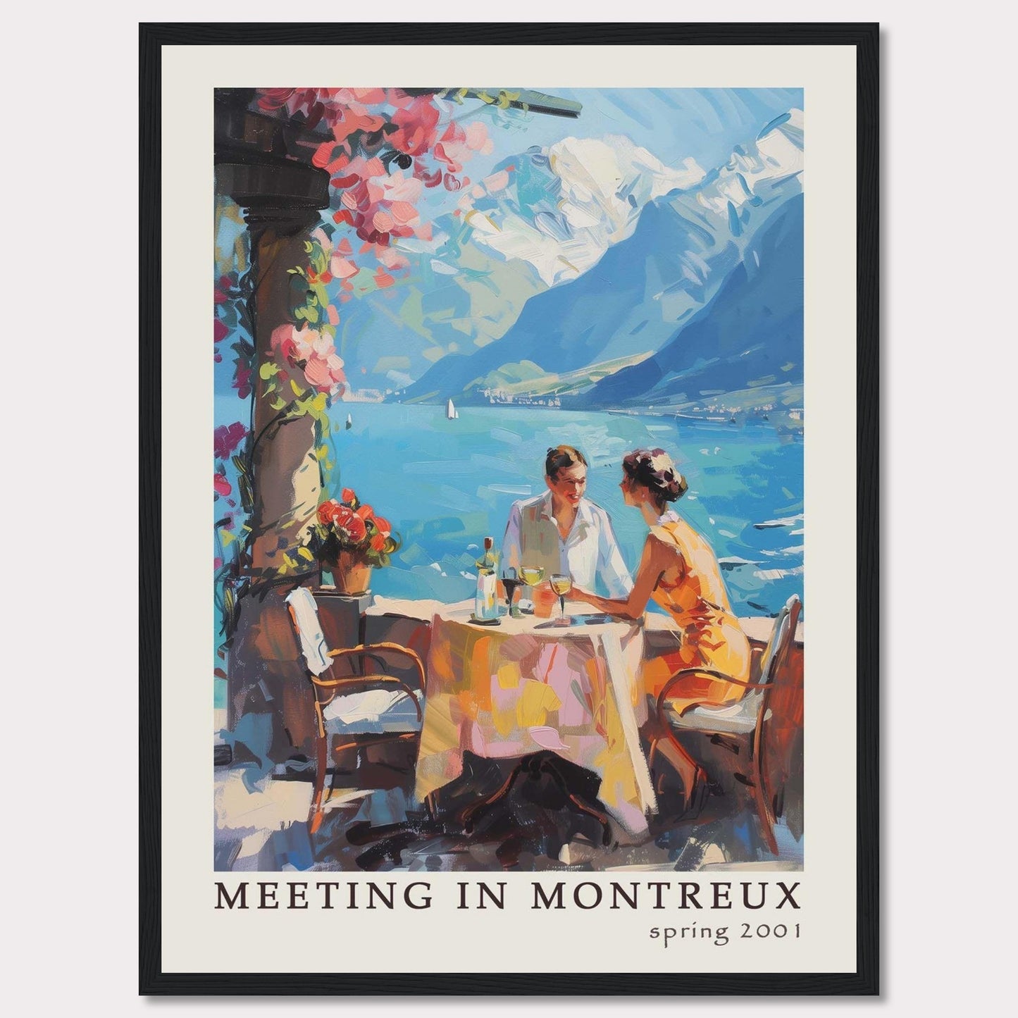 This vibrant poster captures a serene moment of a couple dining outdoors with the stunning backdrop of Montreux's picturesque lakeside and mountains.