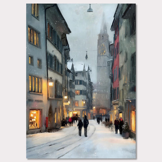 Snow falls gently between old town facades as people wander through glowing windows and quiet alleys. Time seems to slow. This image is a winter stroll, an ode to dusk, city calm, and warmth within.