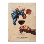 Before being in the glass - Poster featuring a hand holding a glass of red wine and dark grapes.