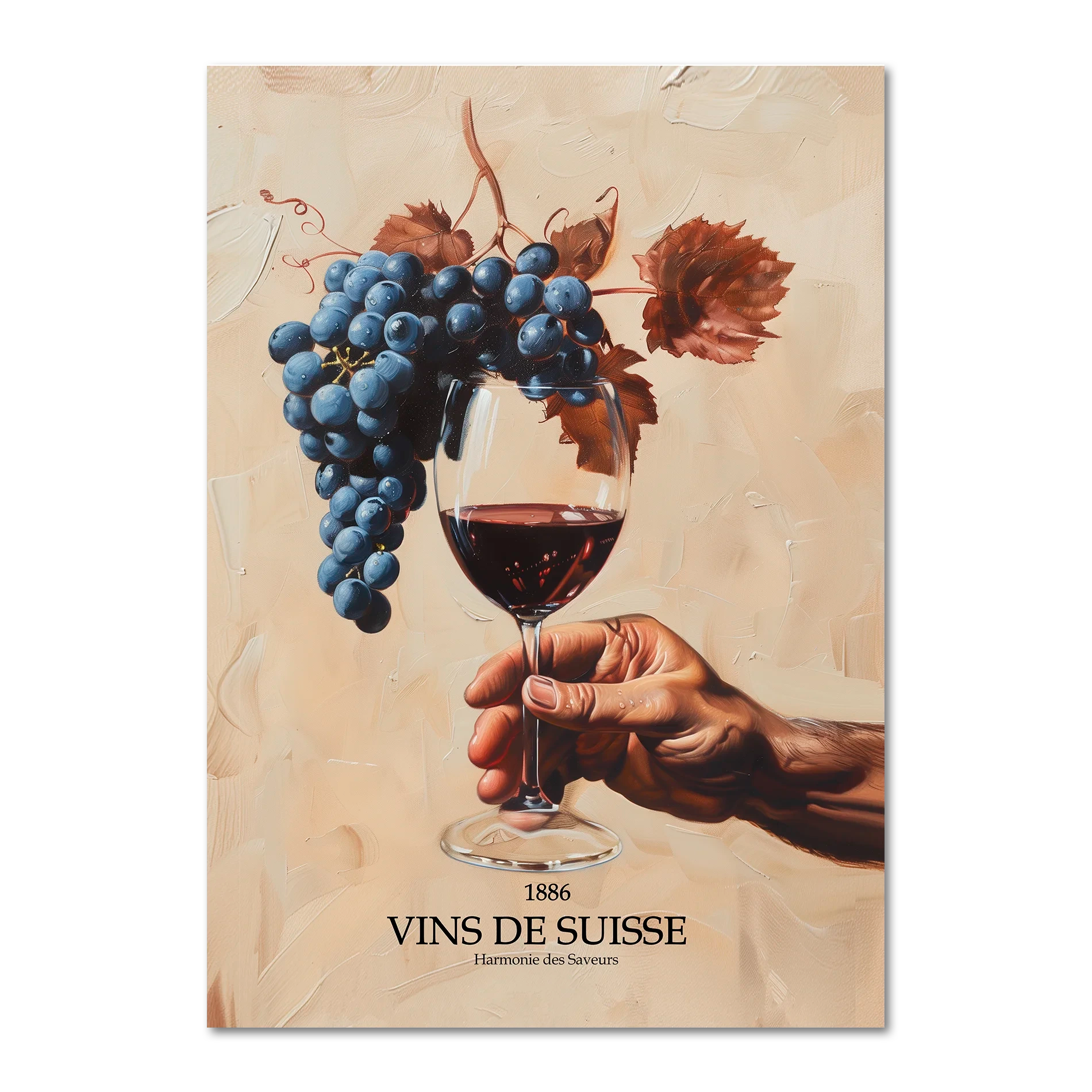 Before being in the glass - Poster featuring a hand holding a glass of red wine and dark grapes.