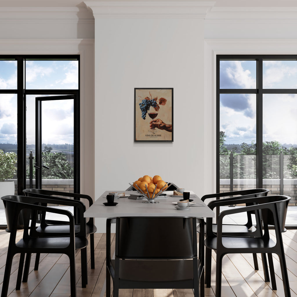 Before being in the glass - Poster displayed in a modern dining area with sleek black chairs.