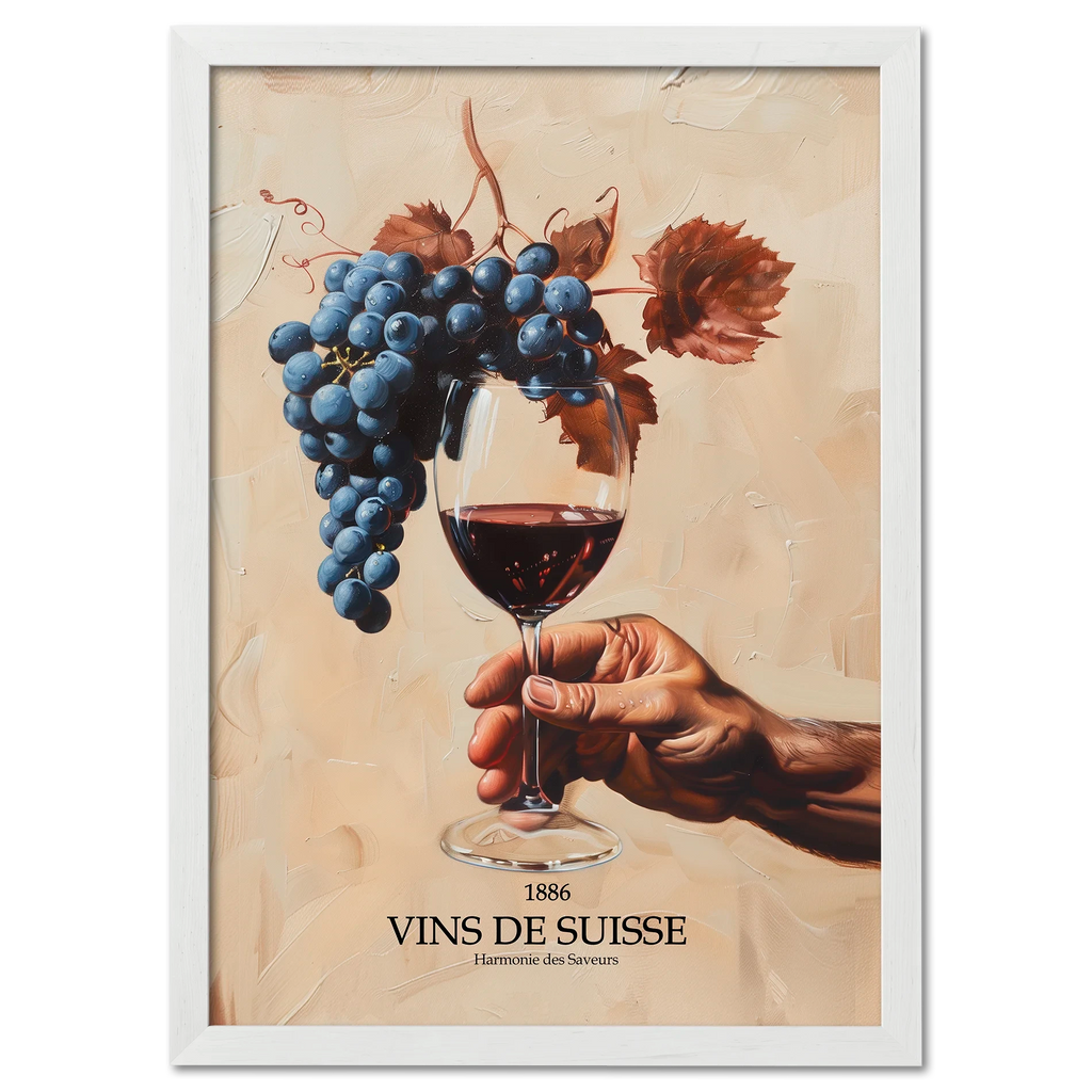 Before being in the glass - Poster showing a hand holding red wine with dark grapes on a warm beige background.