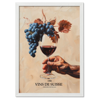 Before being in the glass - Poster showing a hand holding red wine with dark grapes on a warm beige background.
