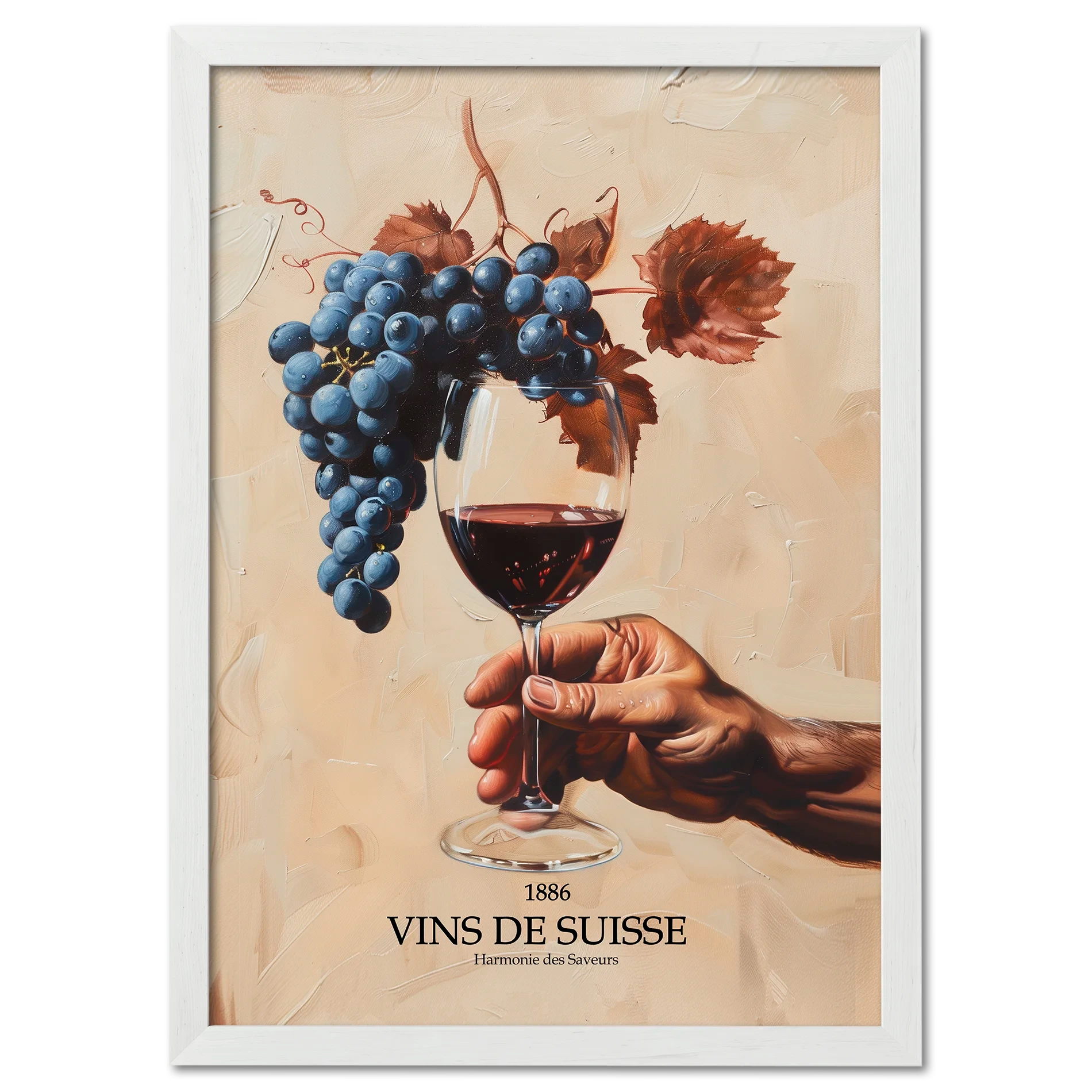 Before being in the glass - Poster showing a hand holding red wine with dark grapes on a warm beige background.