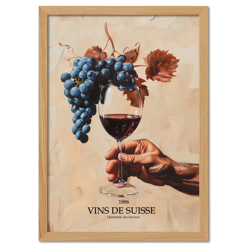 Before being in the glass - Poster featuring a hand holding a glass of red wine with dark grapes on a beige background.